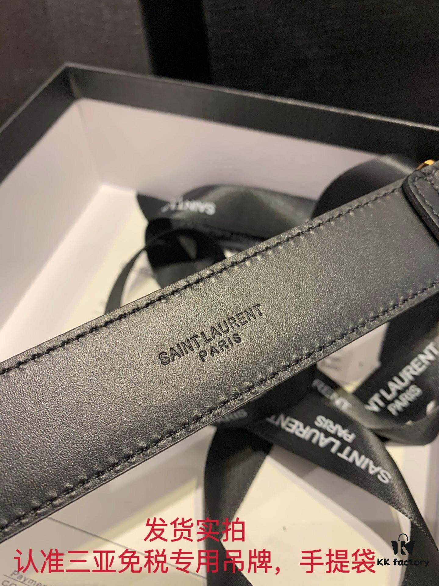 Authentic YSL Leather Belt with Needle Buckle, 3.0 cm Width, Full-Grain Calfskin, Premium Antique Brass Hardware