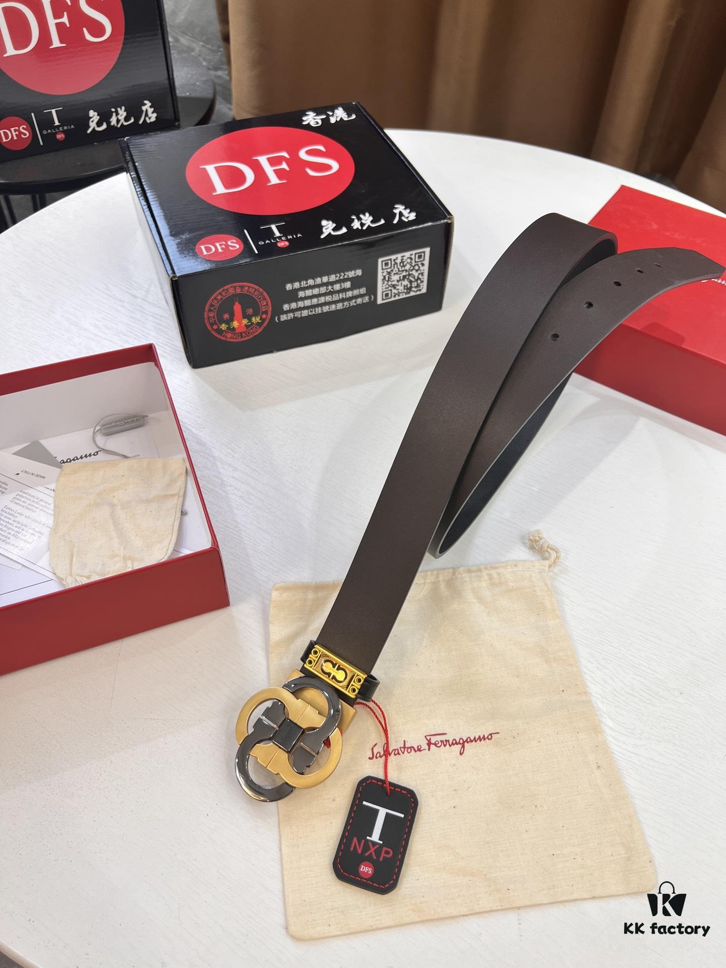 Salvatore Ferragamo Men's Belt, Genuine Imported Full-Grain Calfskin, Reversible Design, 3.5cm Width, Precision 8-Shaped Steel Hardware, Customizable Length