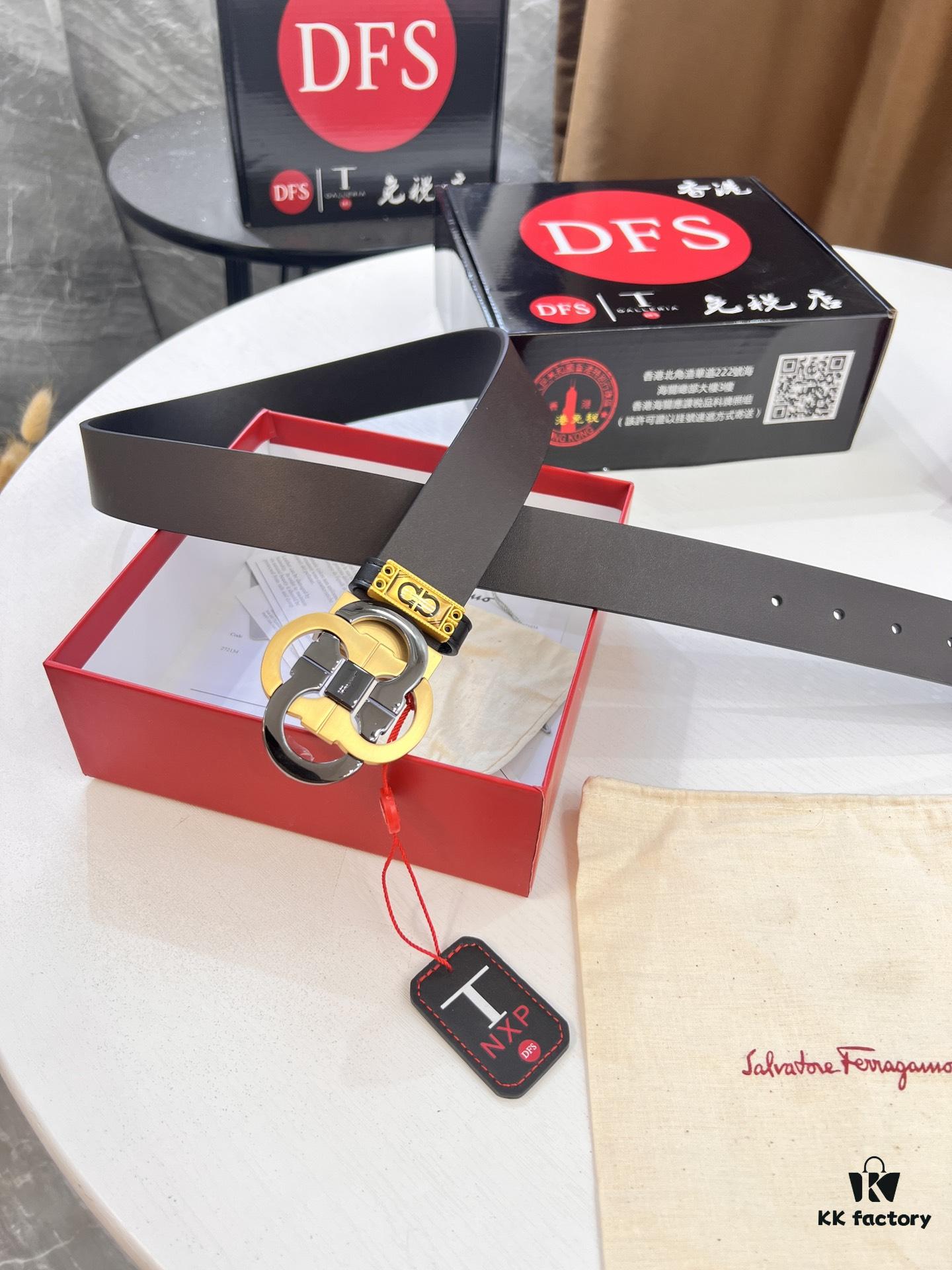 Salvatore Ferragamo Men's Belt, Genuine Imported Full-Grain Calfskin, Reversible Design, 3.5cm Width, Precision 8-Shaped Steel Hardware, Customizable Length