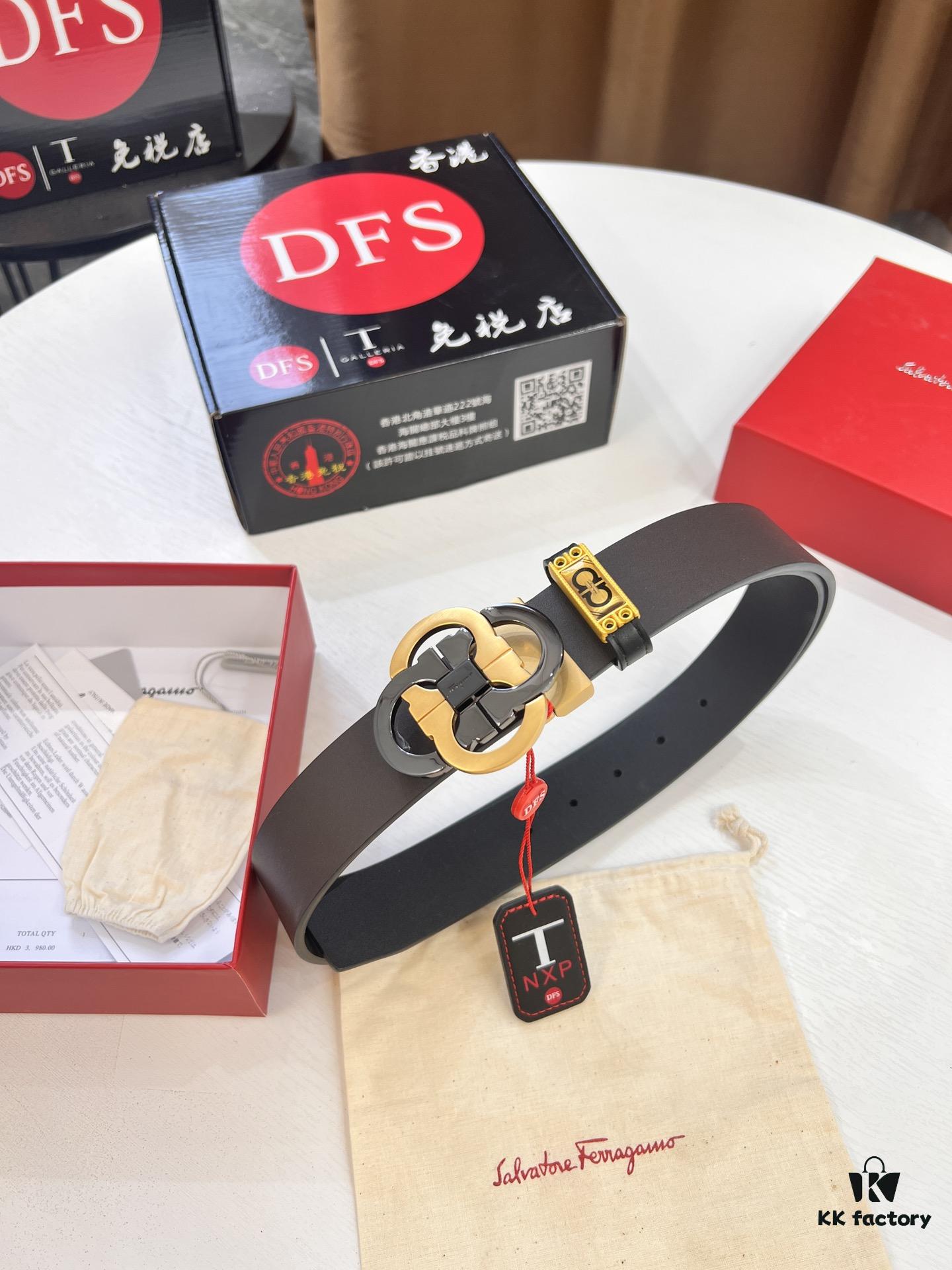 Salvatore Ferragamo Men's Belt, Genuine Imported Full-Grain Calfskin, Reversible Design, 3.5cm Width, Precision 8-Shaped Steel Hardware, Customizable Length