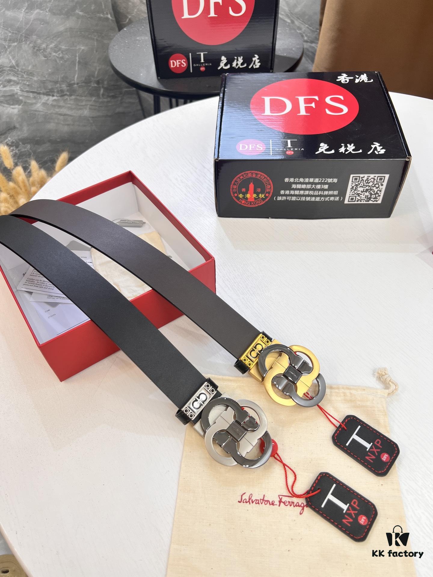 Salvatore Ferragamo Men's Belt, Genuine Imported Full-Grain Calfskin, Reversible Design, 3.5cm Width, Precision 8-Shaped Steel Hardware, Customizable Length