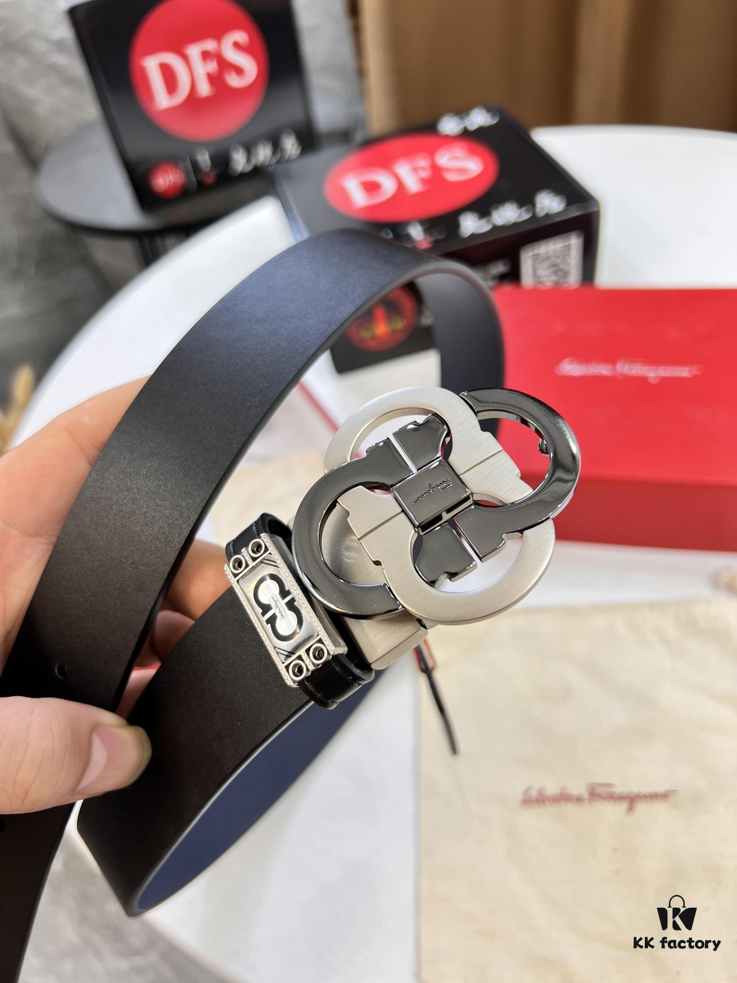 Shop Owner Recommended Trumpet Trumpet Salvatore Ferragamo Men's Belt, Genuine Imported Full-Grain Calfskin, Reversible Double-Sided Use, 3.5cm Width, Precision Steel '8' Buckle Hardware, Customizable Length