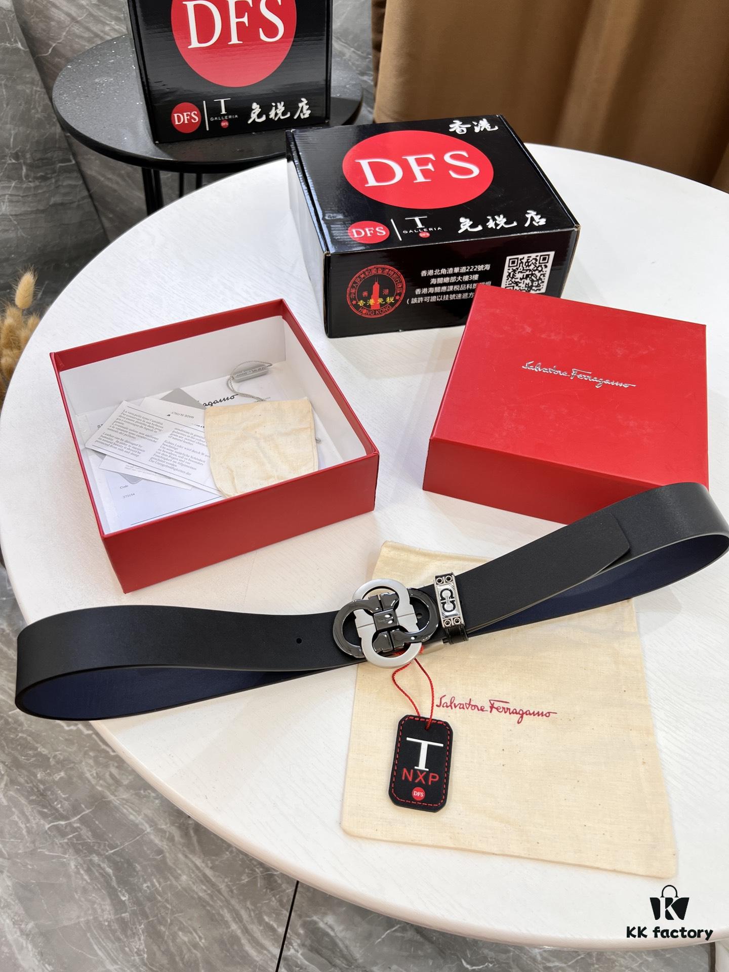 Shop Owner Recommended Trumpet Trumpet Salvatore Ferragamo Men's Belt, Genuine Imported Full-Grain Calfskin, Reversible Double-Sided Use, 3.5cm Width, Precision Steel '8' Buckle Hardware, Customizable Length