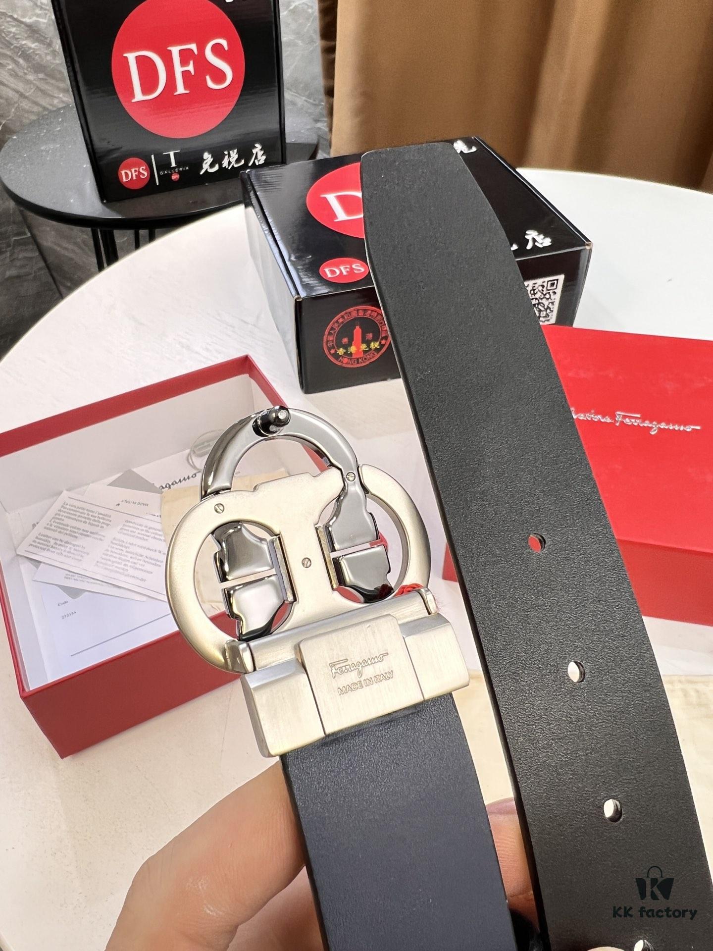 Shop Owner Recommended Trumpet Trumpet Salvatore Ferragamo Men's Belt, Genuine Imported Full-Grain Calfskin, Reversible Double-Sided Use, 3.5cm Width, Precision Steel '8' Buckle Hardware, Customizable Length