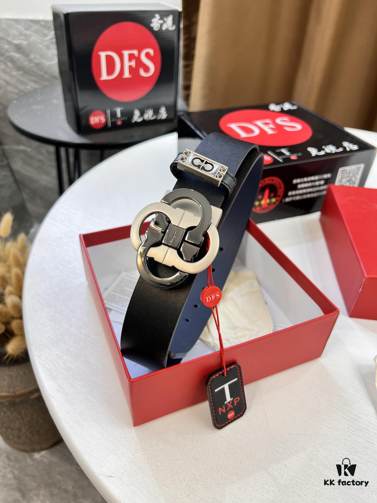 Shop Owner Recommended Trumpet Trumpet Salvatore Ferragamo Men's Belt, Genuine Imported Full-Grain Calfskin, Reversible Double-Sided Use, 3.5cm Width, Precision Steel '8' Buckle Hardware, Customizable Length