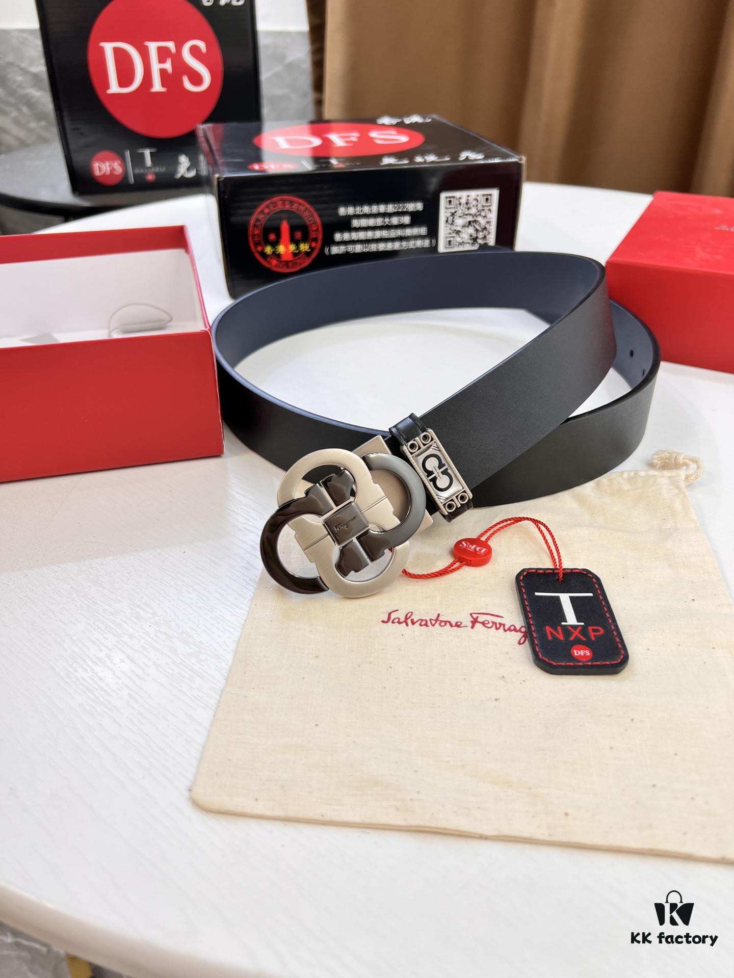 Shop Owner Recommended Trumpet Trumpet Salvatore Ferragamo Men's Belt, Genuine Imported Full-Grain Calfskin, Reversible Double-Sided Use, 3.5cm Width, Precision Steel '8' Buckle Hardware, Customizable Length