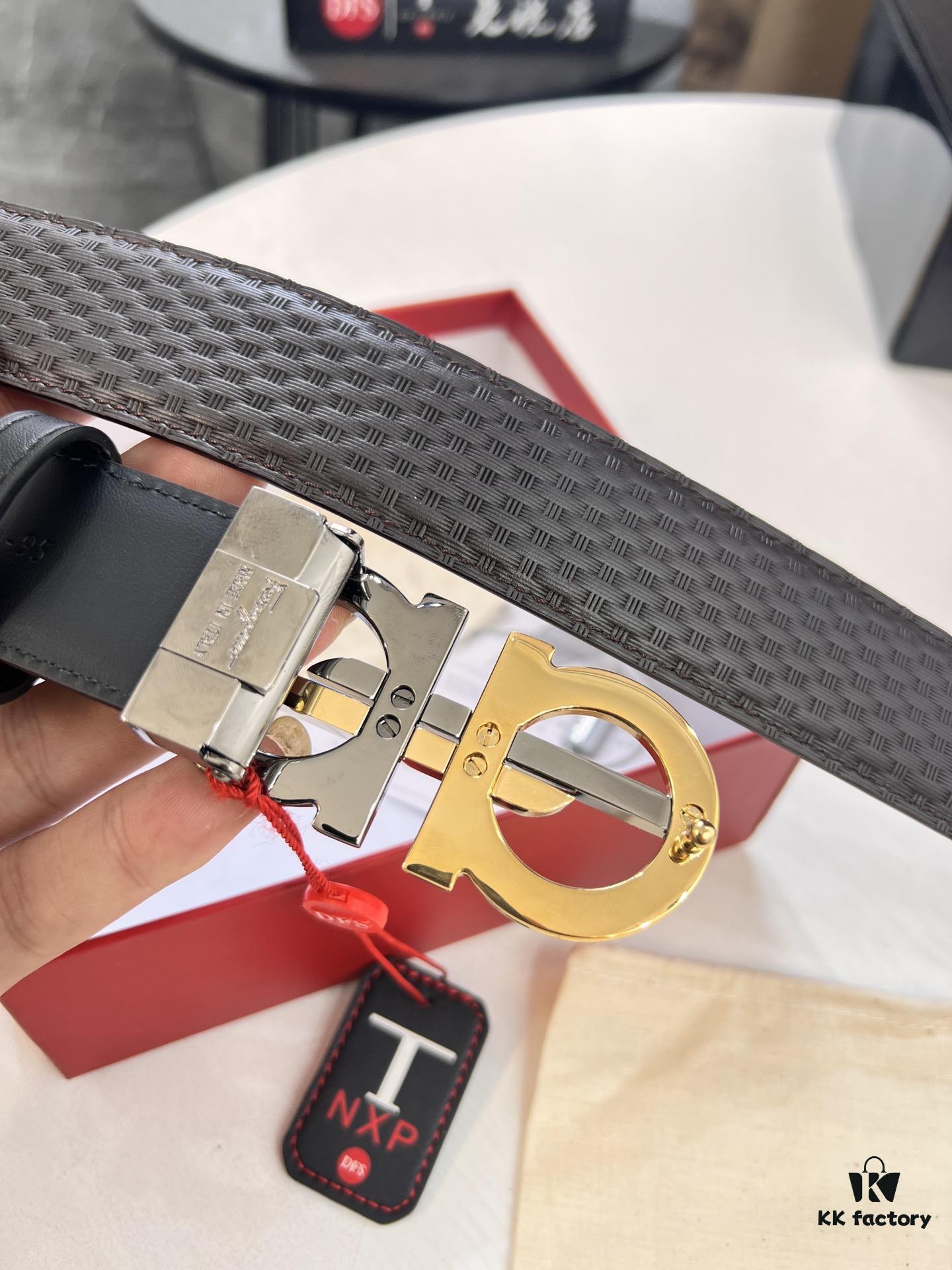 Salvatore Ferragamo Men's Belt, Genuine Full-Grain Calfskin, Reversible Design, 3.5cm Width, New Minimalist Steel Hardware, Adjustable Length