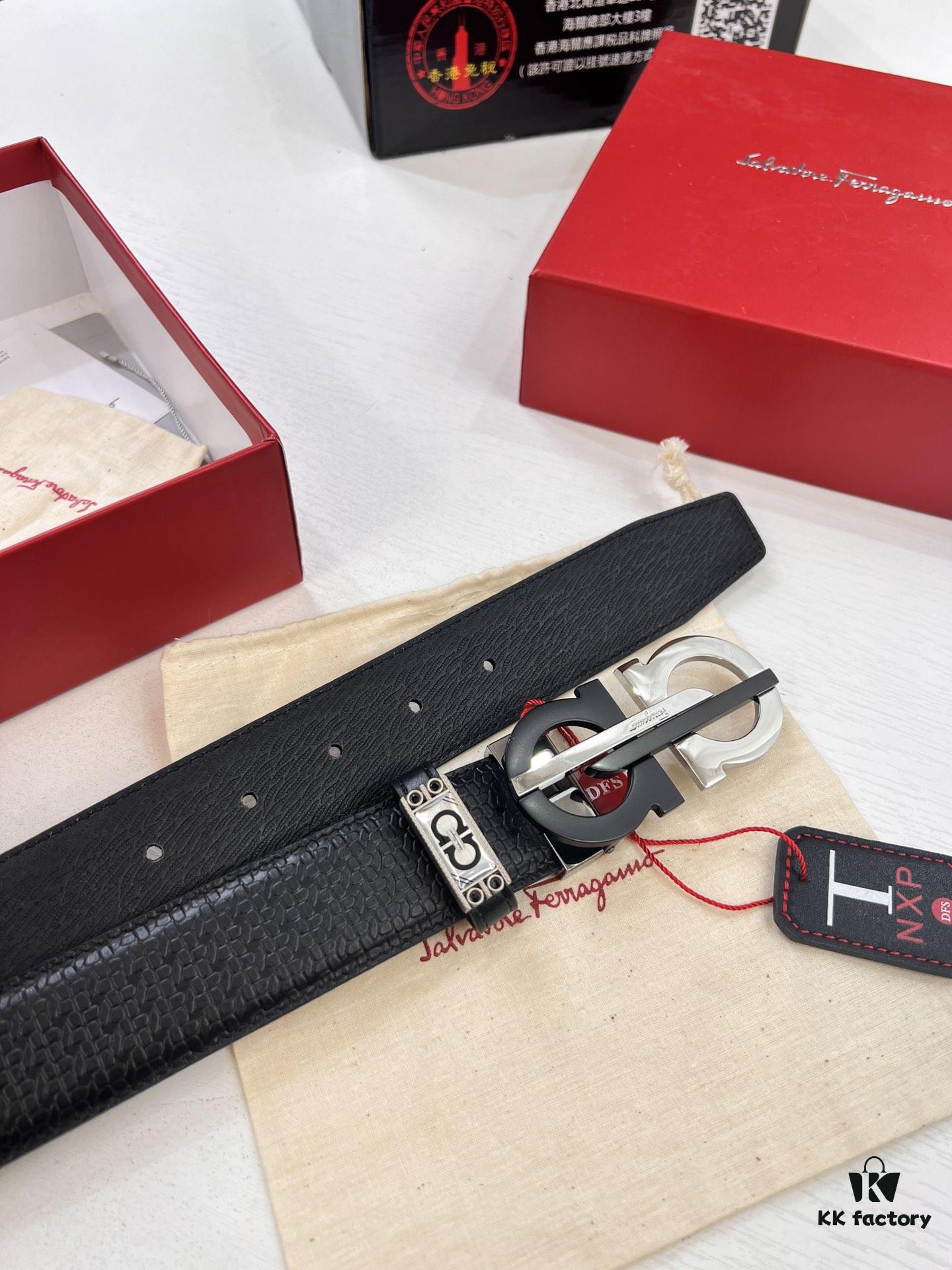 Ferragamo Men's Belt, Genuine Imported Grain Leather, Double-Sided Wear, 3.5cm Width, New Simple Color Stainless Steel Buckle, Adjustable Length