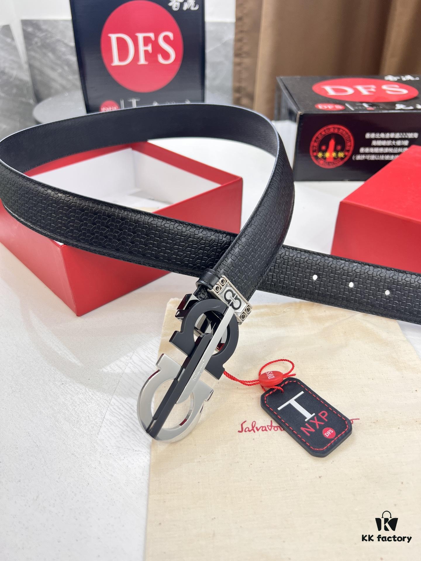 Ferragamo Men's Belt, Genuine Imported Grain Leather, Double-Sided Wear, 3.5cm Width, New Simple Color Stainless Steel Buckle, Adjustable Length