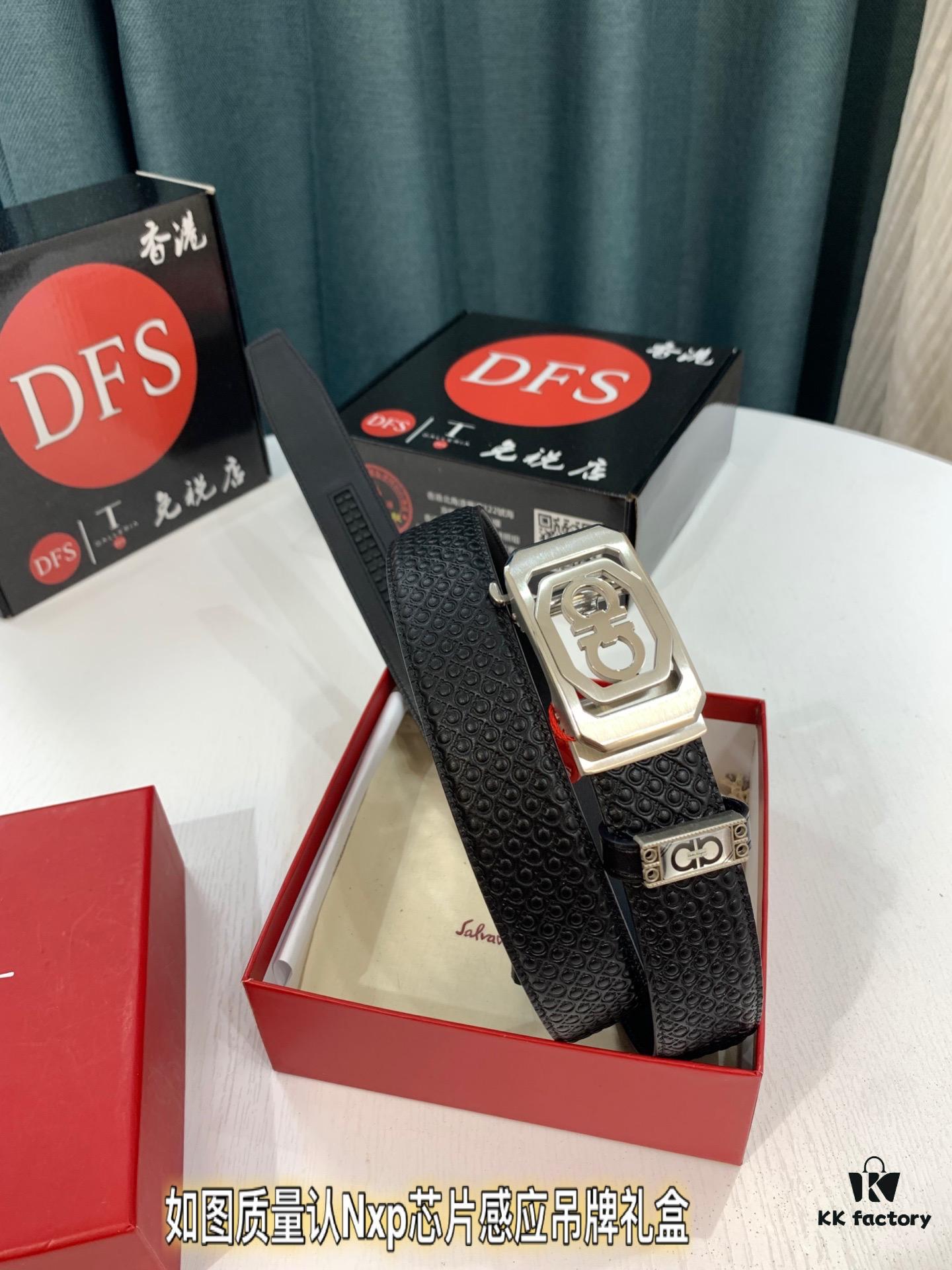 Arrival 🎺🎺 Authentic Photo, Ferragamo Automatic Men's Leather Belt, ZP Molded 8-Shaped Beveled Pattern with Stainless Steel Hardware, Business Belt, Imported Top-Grade First-Layer Calfskin with Ferragamo '8' Pattern Buckle, Self-Adjusting Prong, 3.5 cm Width