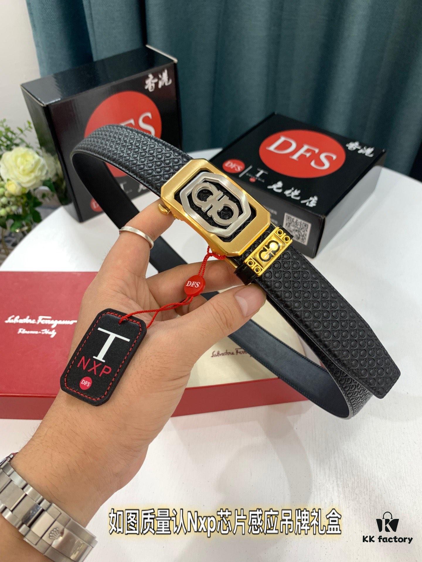 Arrival 🎺🎺 Genuine Photo, Ferragamo Automatic Series Men's Belt, ZP Molded 8-Shaped Beveled Pattern with Stainless Steel Hardware, Business Belt, Imported Small Ferragamo 8-Pattern Full-Grain Cowhide, Automatic Tooth Adjustment, Width 3.5 cm