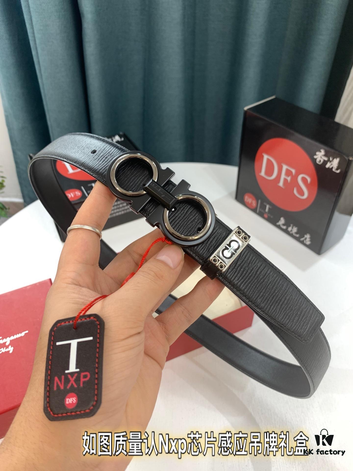 Salvatore Ferragamo Men's Belt, Genuine First-Layer Calfskin, Reversible Design, 3.5cm Width, Premium 8-Shaped Steel Hardware, Adjustable Length, Authentic Imported Item, Ideal Gift Choice