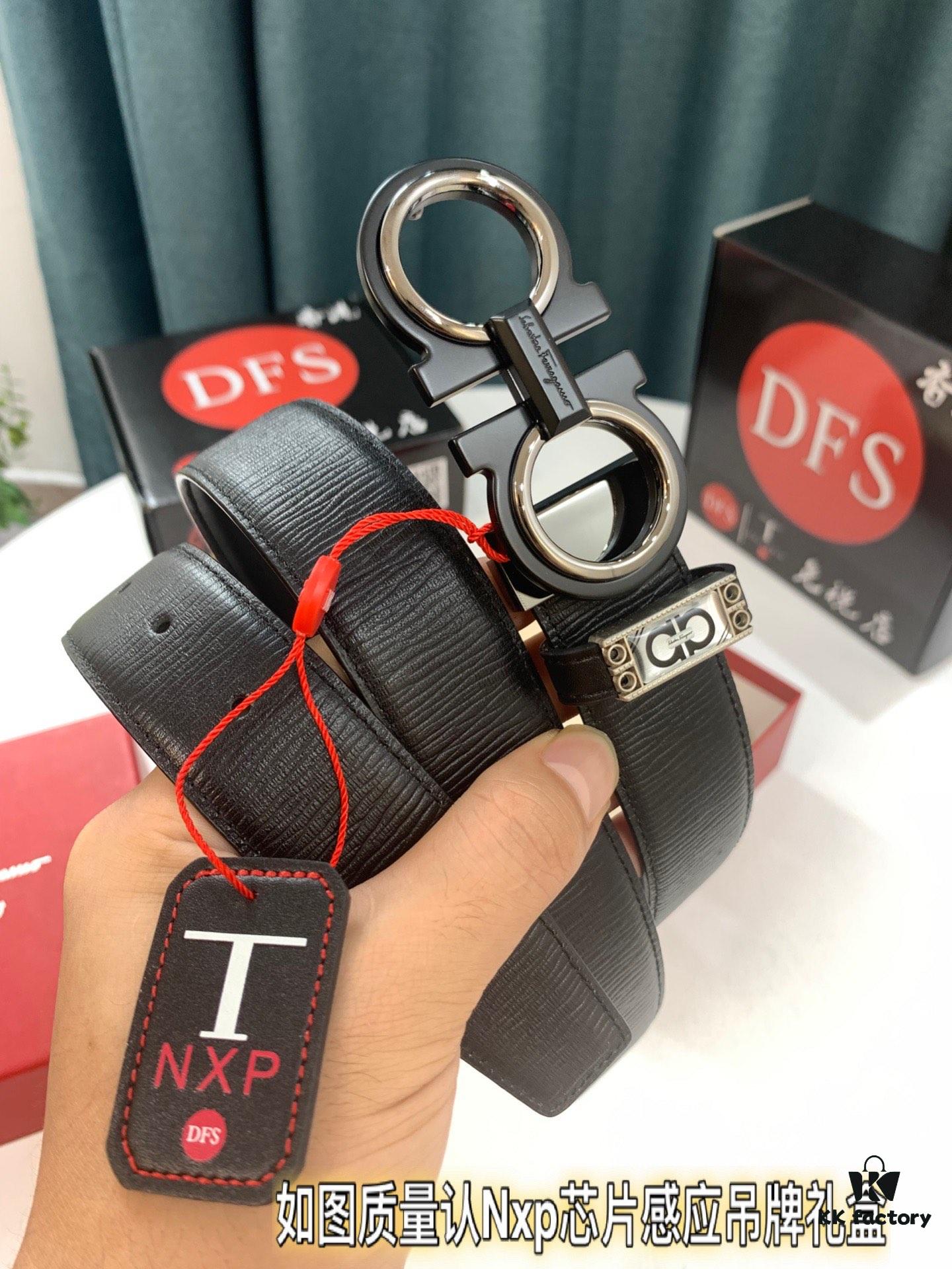 Salvatore Ferragamo Men's Belt, Genuine First-Layer Calfskin, Reversible Design, 3.5cm Width, Premium 8-Shaped Steel Hardware, Adjustable Length, Authentic Imported Item, Ideal Gift Choice