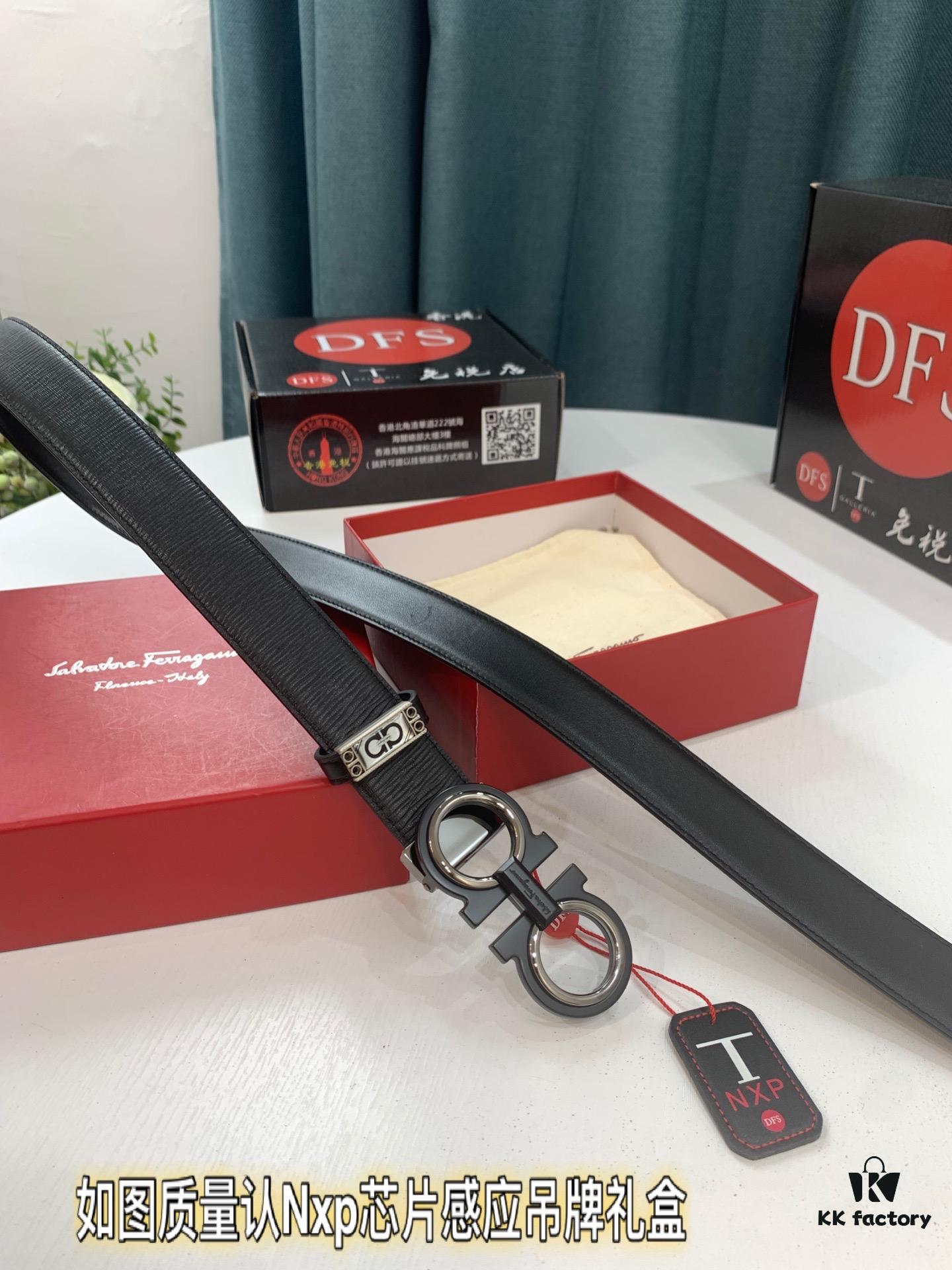 Salvatore Ferragamo Men's Belt, Genuine First-Layer Calfskin, Reversible Design, 3.5cm Width, Premium 8-Shaped Steel Hardware, Adjustable Length, Authentic Imported Item, Ideal Gift Choice