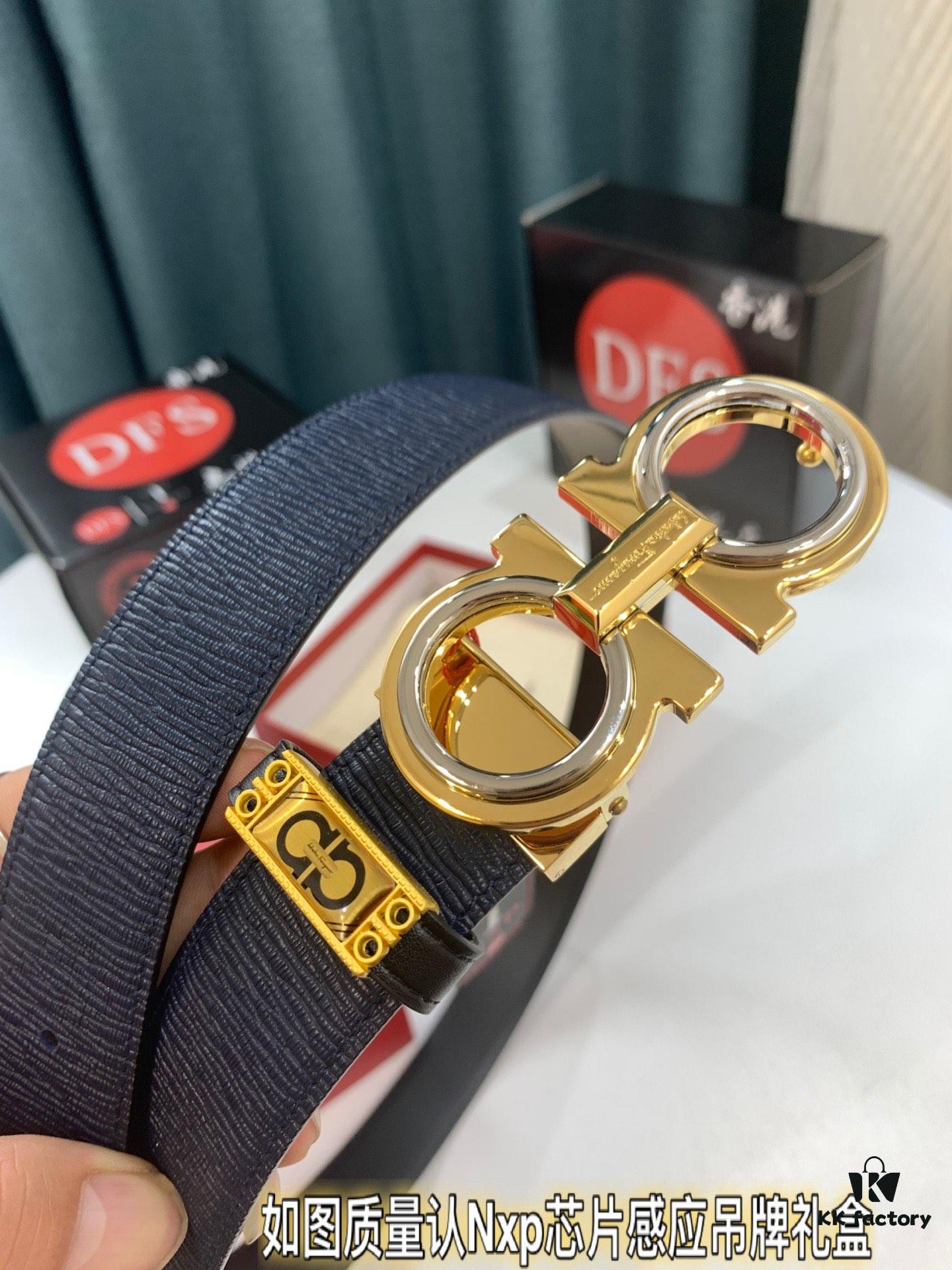 Salvatore Ferragamo Men's Belt, Genuine First-Layer Calfskin, Reversible Design, 3.5cm Width, Double-Layer Figure-Eight Steel Hardware, Adjustable Length