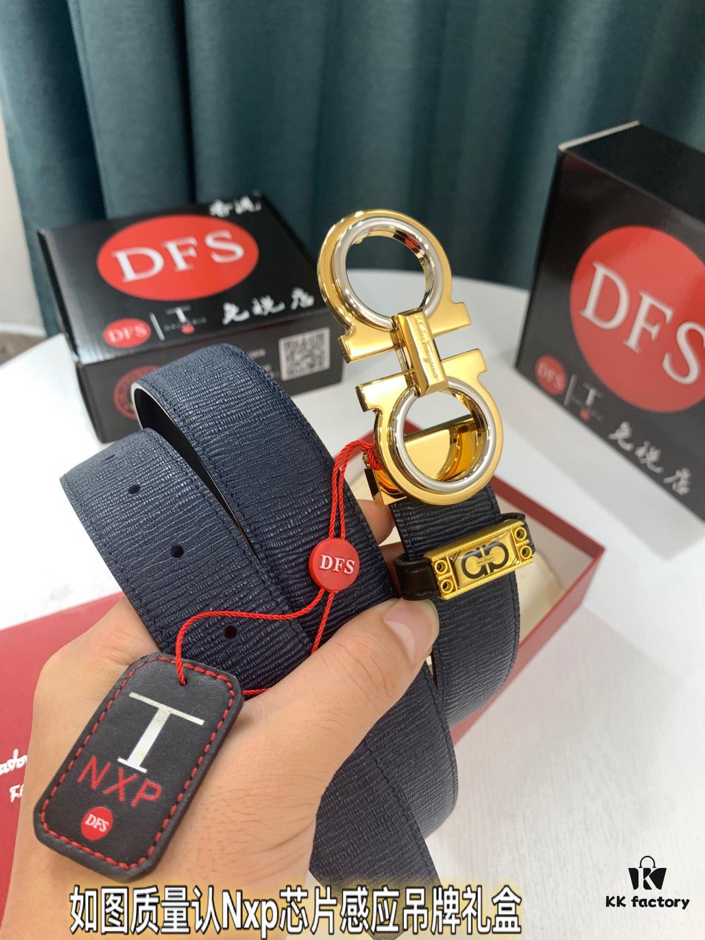 Salvatore Ferragamo Men's Belt, Genuine First-Layer Calfskin, Reversible Design, 3.5cm Width, Double-Layer Figure-Eight Steel Hardware, Adjustable Length