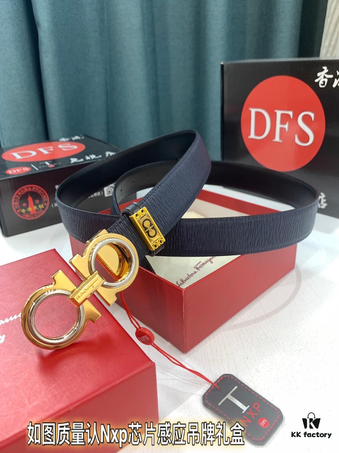 Salvatore Ferragamo Men's Belt, Genuine First-Layer Calfskin, Reversible Design, 3.5cm Width, Double-Layer Figure-Eight Steel Hardware, Adjustable Length