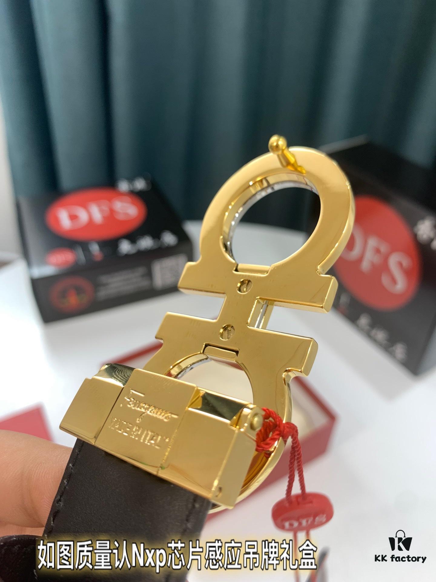 Salvatore Ferragamo Men's Belt, Genuine First-Layer Calfskin, Reversible Design, 3.5cm Width, Double-Layer Figure-Eight Steel Hardware, Adjustable Length