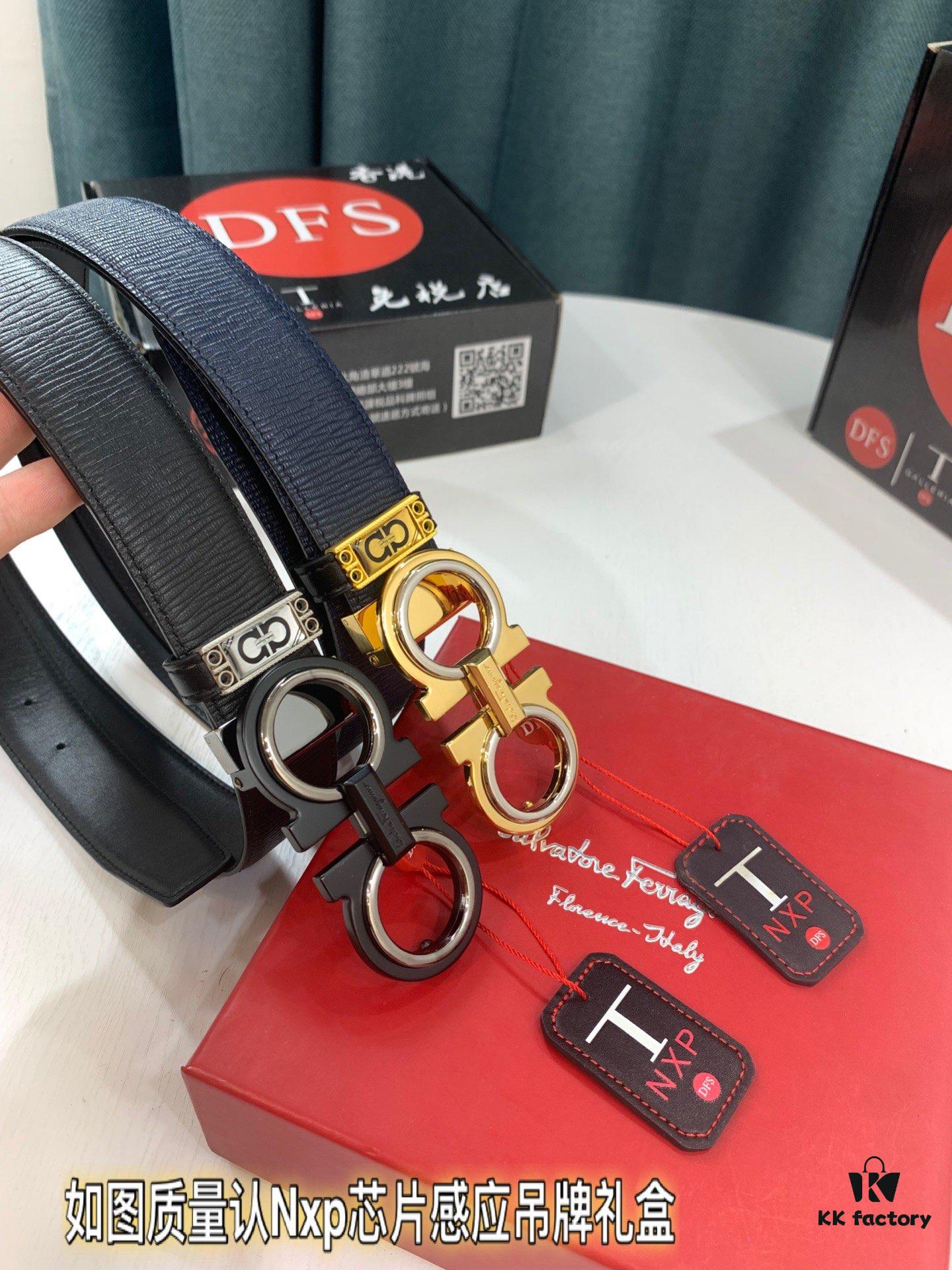 Salvatore Ferragamo Men's Belt, Genuine First-Layer Calfskin, Reversible Design, 3.5cm Width, Double-Layer Figure-Eight Steel Hardware, Adjustable Length