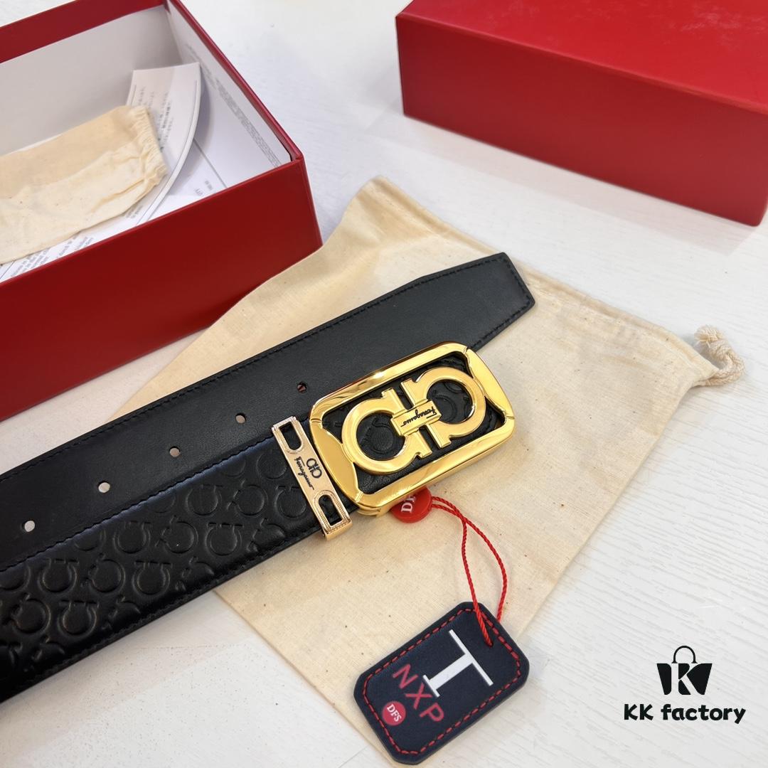 Top-tier Salvatore Ferragamo Men's Genuine Leather Belt, 8-Shape Authentic Hardware, Hong Kong Duty-Free Gift Box, NFC Chip Enabled, Import Cowhide with Wax Thread Stitching