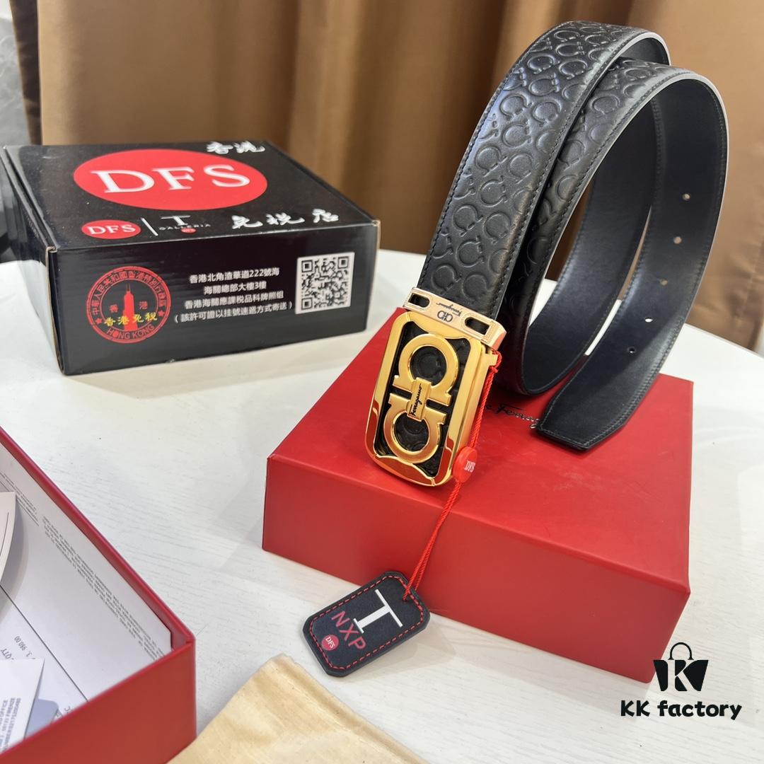 Top-tier Salvatore Ferragamo Men's Genuine Leather Belt, 8-Shape Authentic Hardware, Hong Kong Duty-Free Gift Box, NFC Chip Enabled, Import Cowhide with Wax Thread Stitching