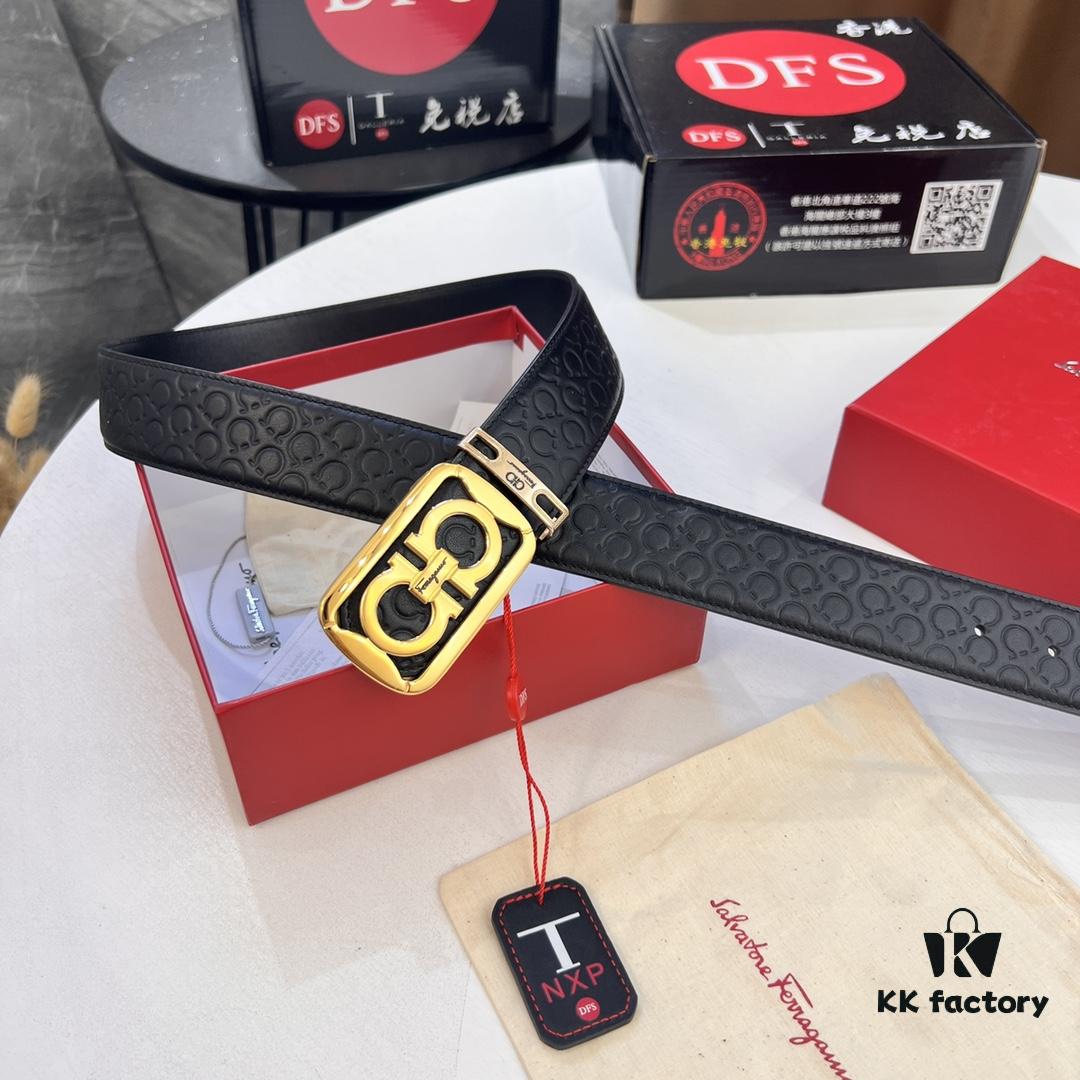 Top-tier Salvatore Ferragamo Men's Genuine Leather Belt, 8-Shape Authentic Hardware, Hong Kong Duty-Free Gift Box, NFC Chip Enabled, Import Cowhide with Wax Thread Stitching