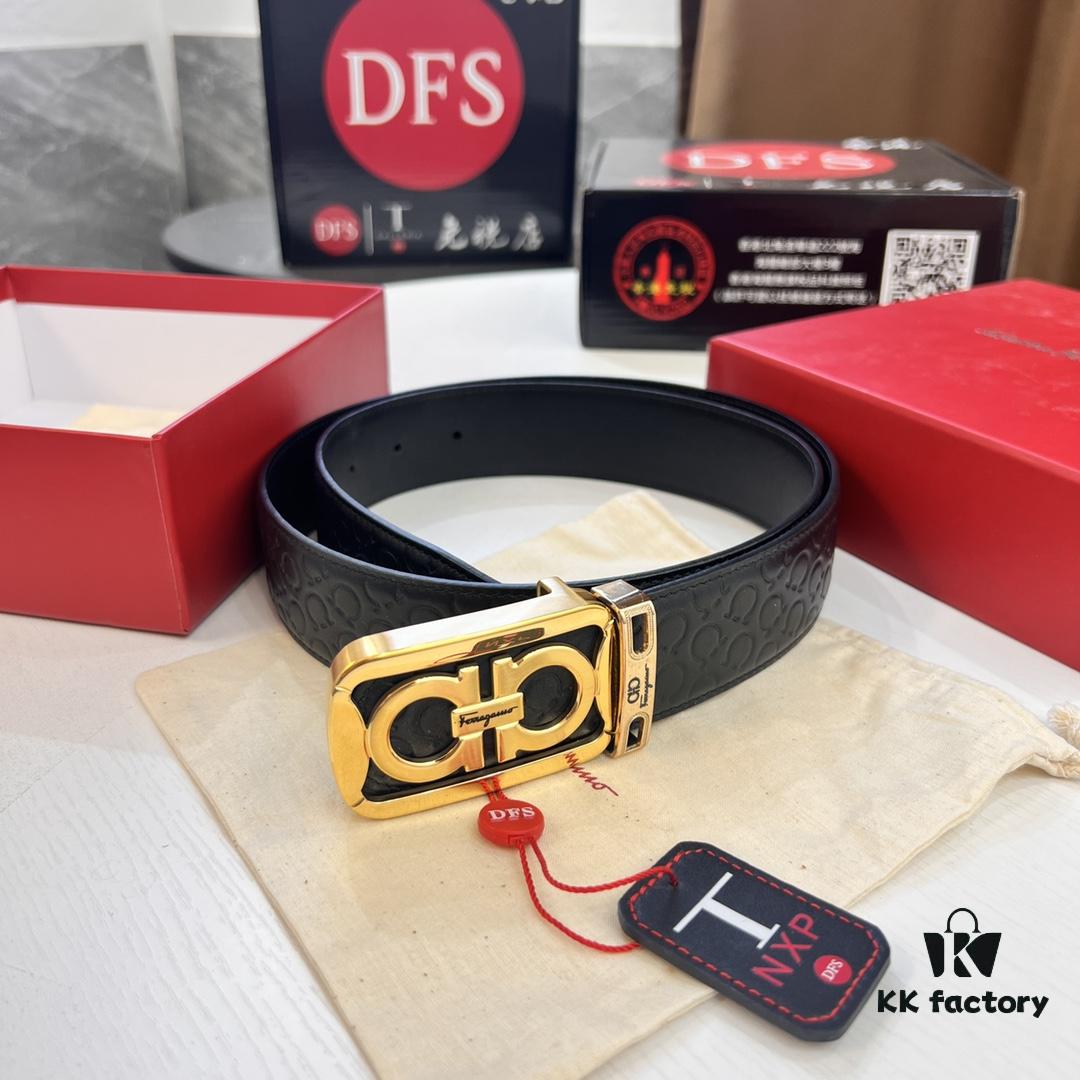 Top-tier Salvatore Ferragamo Men's Genuine Leather Belt, 8-Shape Authentic Hardware, Hong Kong Duty-Free Gift Box, NFC Chip Enabled, Import Cowhide with Wax Thread Stitching