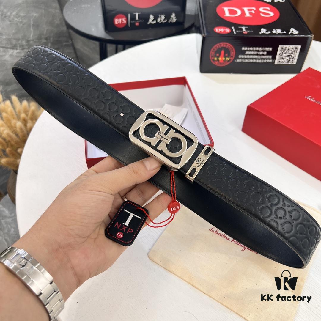Top-tier Salvatore Ferragamo Men's Leather Belt, Authentic Hong Kong Duty-Free Gift Box, 8-Shape Original Hardware, Imported Calfskin with Embossed Logo, NFC Chip NXP, 3.8cm Width, Customizable Length