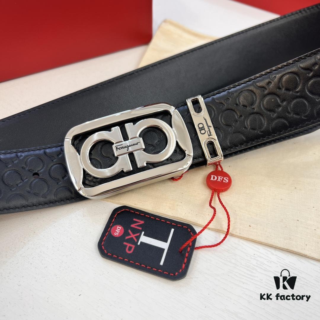 Top-tier Salvatore Ferragamo Men's Leather Belt, Authentic Hong Kong Duty-Free Gift Box, 8-Shape Original Hardware, Imported Calfskin with Embossed Logo, NFC Chip NXP, 3.8cm Width, Customizable Length