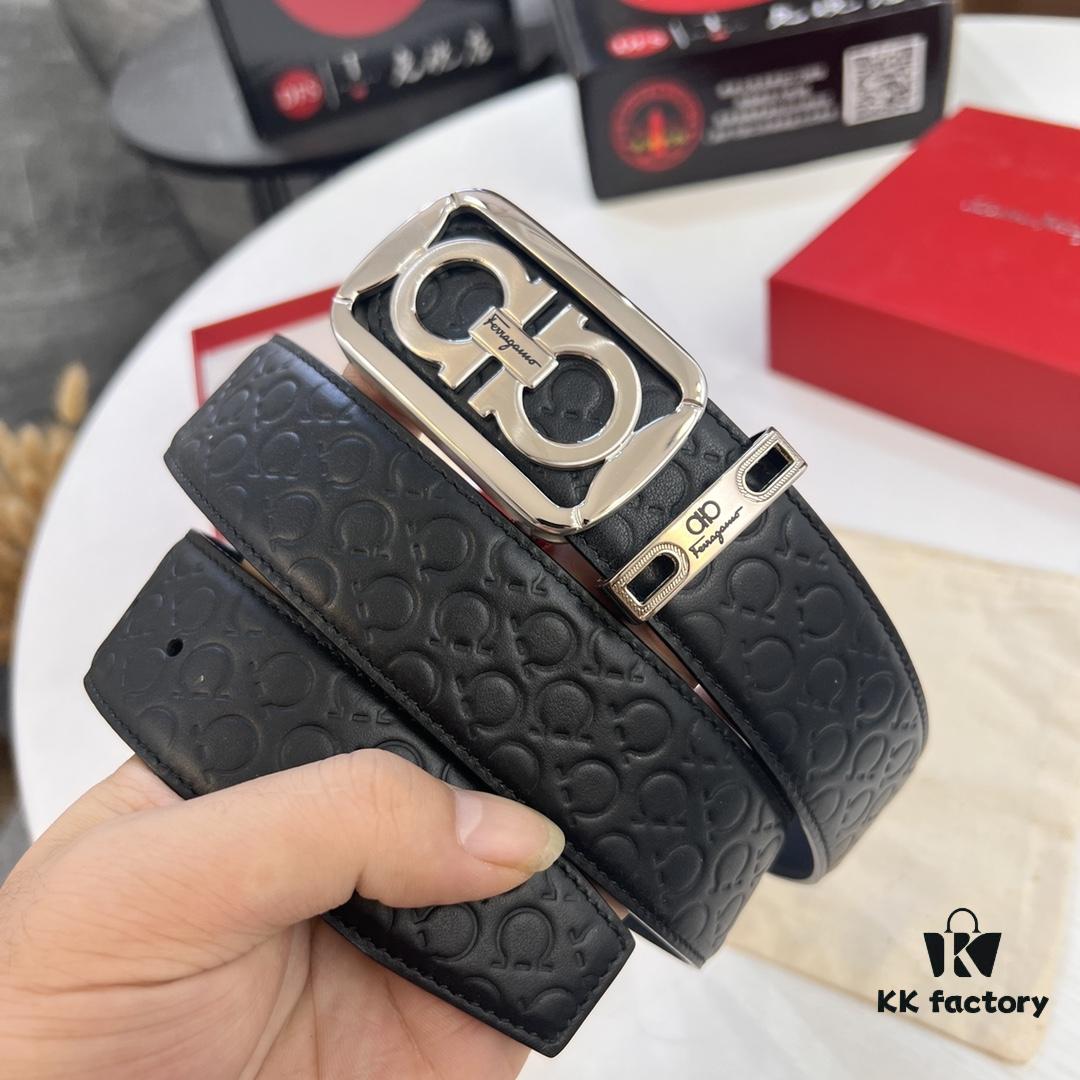 Top-tier Salvatore Ferragamo Men's Leather Belt, Authentic Hong Kong Duty-Free Gift Box, 8-Shape Original Hardware, Imported Calfskin with Embossed Logo, NFC Chip NXP, 3.8cm Width, Customizable Length