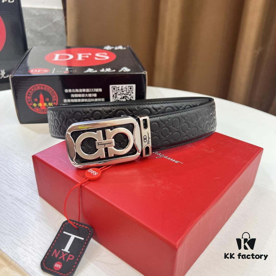 Top-tier Salvatore Ferragamo Men's Leather Belt, Authentic Hong Kong Duty-Free Gift Box, 8-Shape Original Hardware, Imported Calfskin with Embossed Logo, NFC Chip NXP, 3.8cm Width, Customizable Length