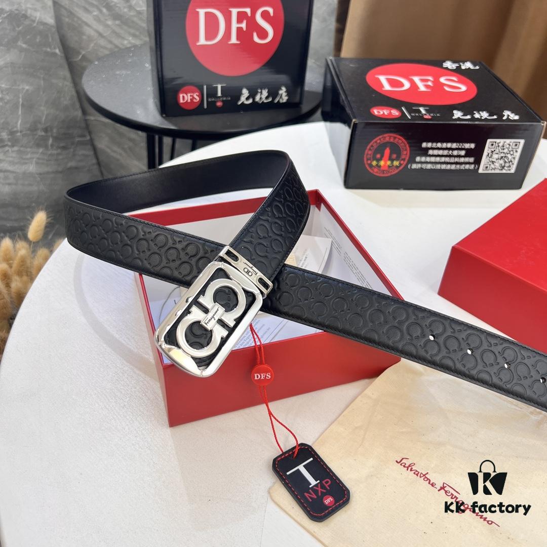 Top-tier Salvatore Ferragamo Men's Leather Belt, Authentic Hong Kong Duty-Free Gift Box, 8-Shape Original Hardware, Imported Calfskin with Embossed Logo, NFC Chip NXP, 3.8cm Width, Customizable Length