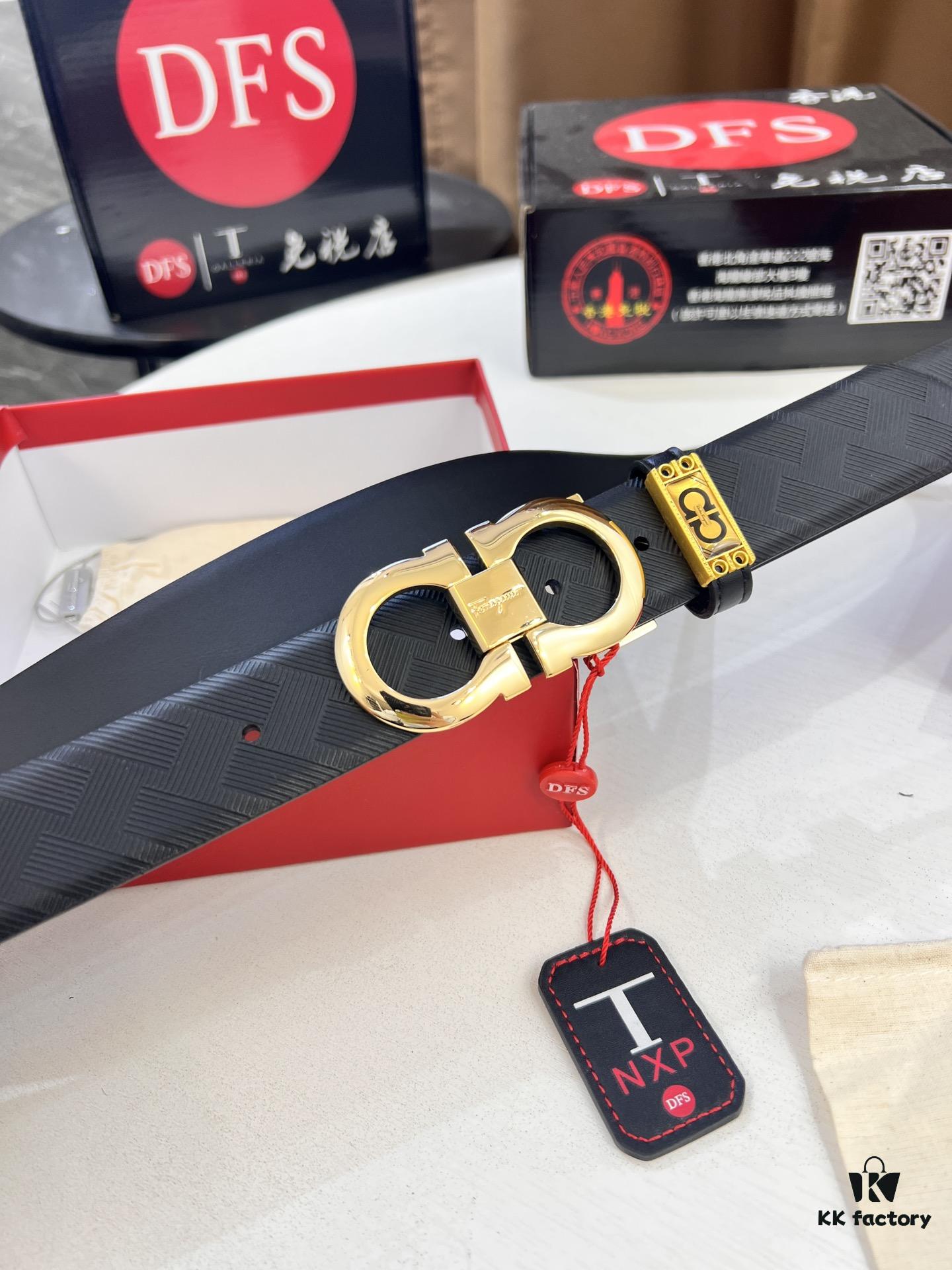 Salvatore Ferragamo Men's Belt, Genuine Top-Layer Calfskin with Logo Embossing, Reversible Design, 3.5cm Width, Stainless Steel Buckle, Adjustable Length