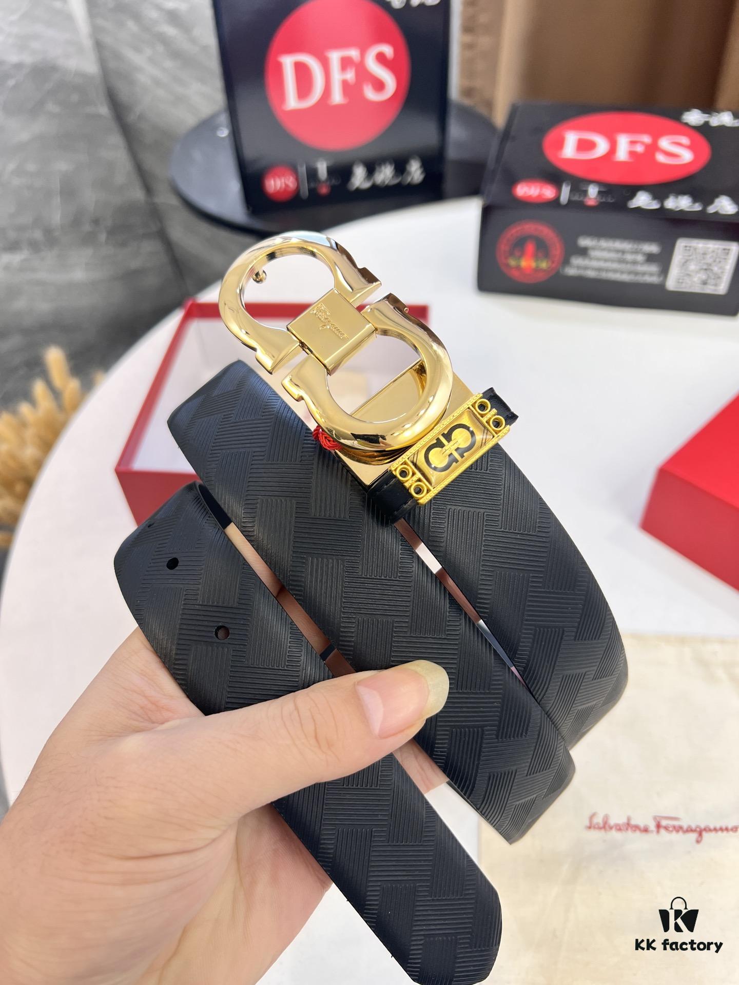 Salvatore Ferragamo Men's Belt, Genuine Top-Layer Calfskin with Logo Embossing, Reversible Design, 3.5cm Width, Stainless Steel Buckle, Adjustable Length