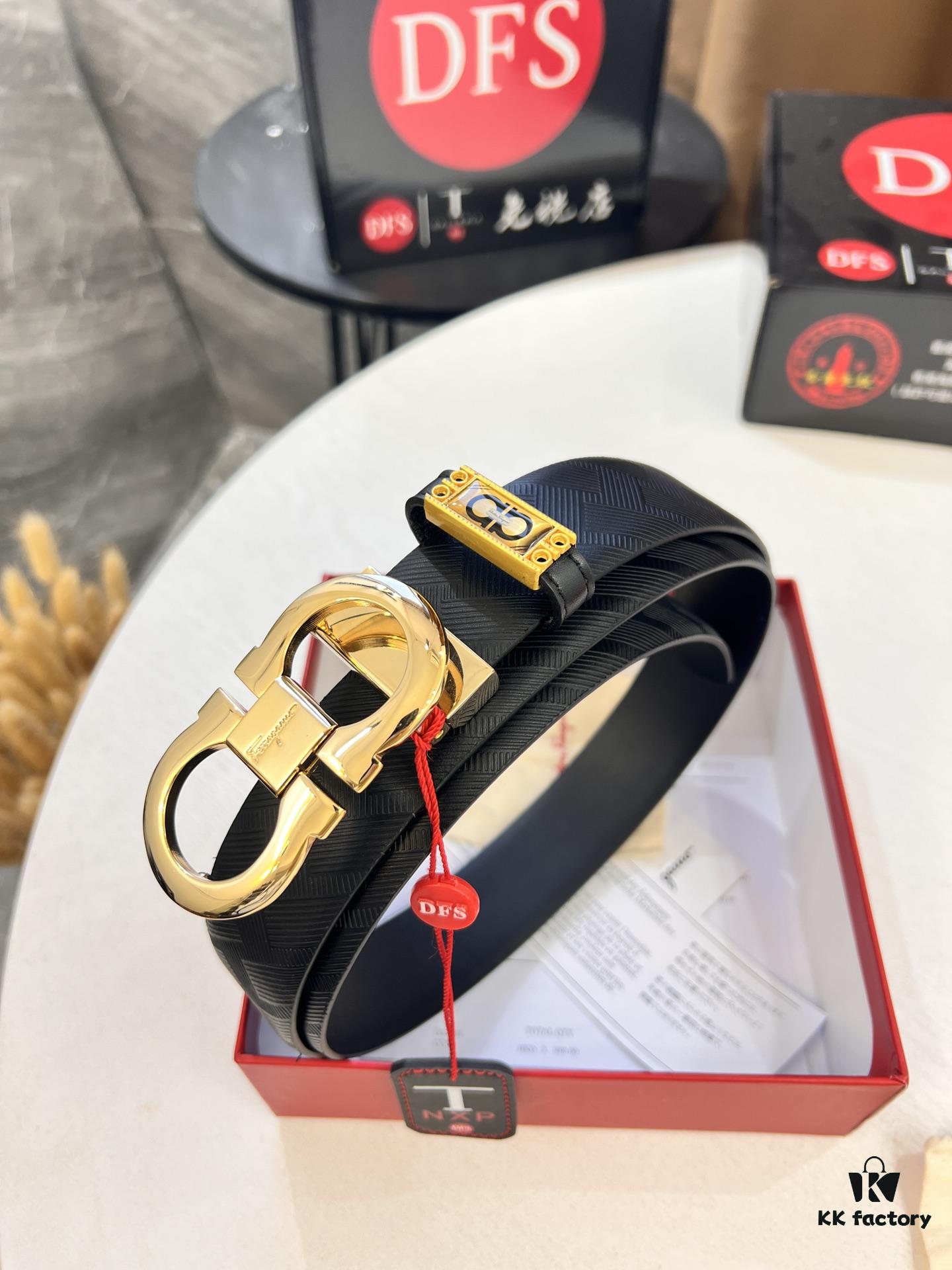 Salvatore Ferragamo Men's Belt, Genuine Top-Layer Calfskin with Logo Embossing, Reversible Design, 3.5cm Width, Stainless Steel Buckle, Adjustable Length