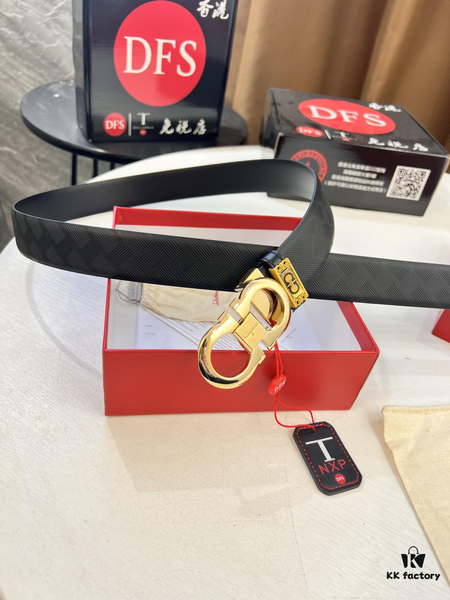 Salvatore Ferragamo Men's Belt, Genuine Top-Layer Calfskin with Logo Embossing, Reversible Design, 3.5cm Width, Stainless Steel Buckle, Adjustable Length