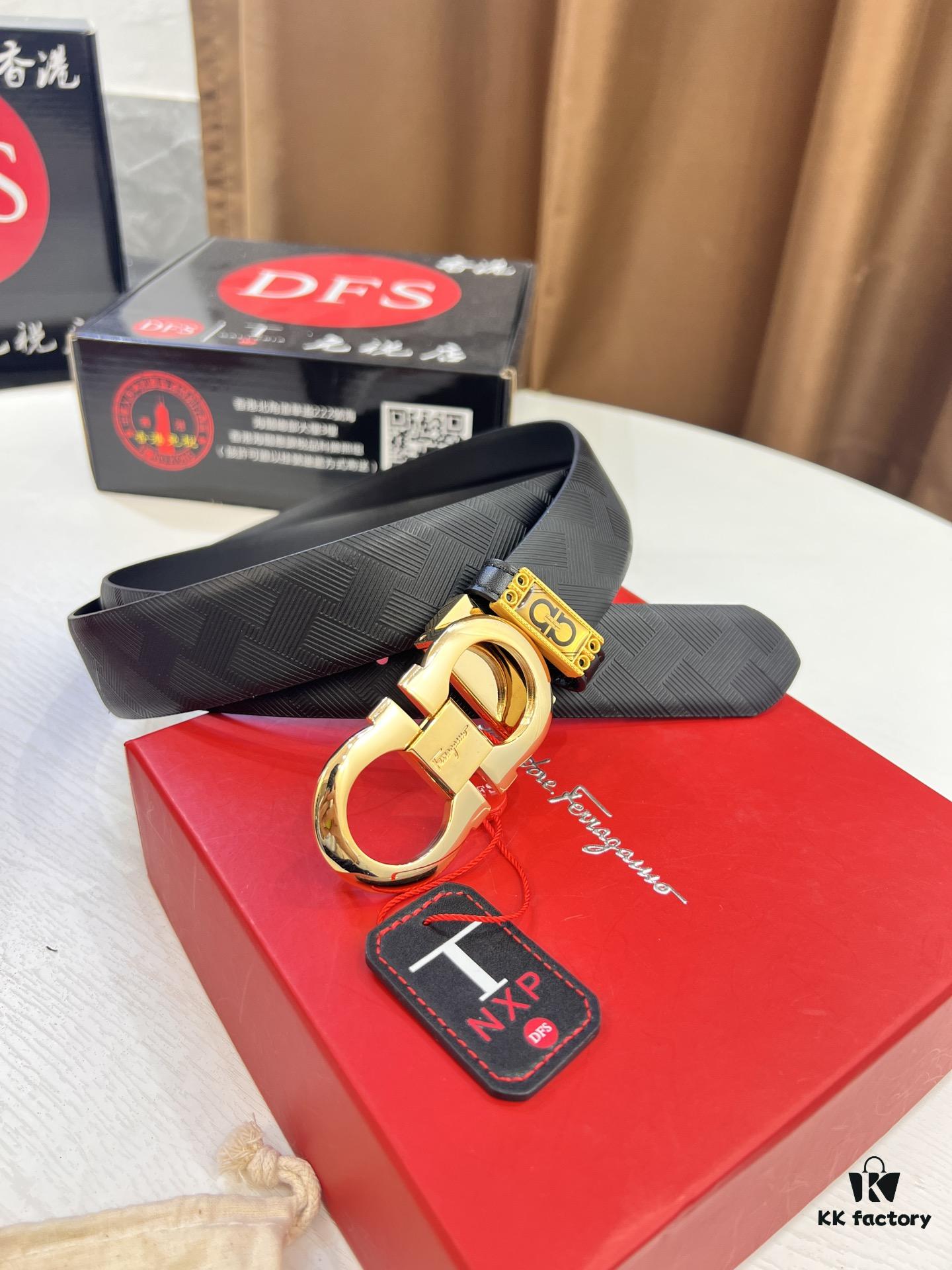 Salvatore Ferragamo Men's Belt, Genuine Top-Layer Calfskin with Logo Embossing, Reversible Design, 3.5cm Width, Stainless Steel Buckle, Adjustable Length