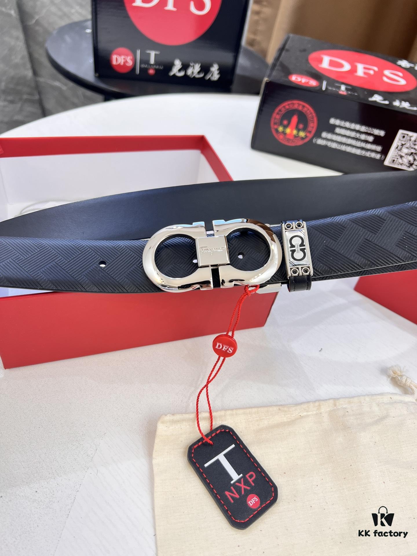 Ferragamo Men's Belt, Genuine Top-Layer Calfskin with Double-Sided Usage, 3.5cm Width, Stainless Steel '8' Buckle, Adjustable Length