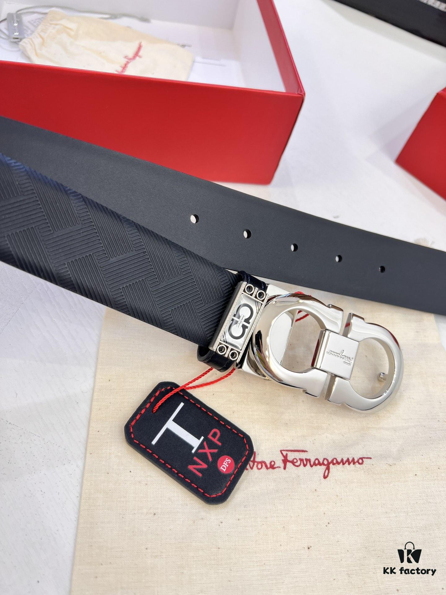 Ferragamo Men's Belt, Genuine Top-Layer Calfskin with Double-Sided Usage, 3.5cm Width, Stainless Steel '8' Buckle, Adjustable Length