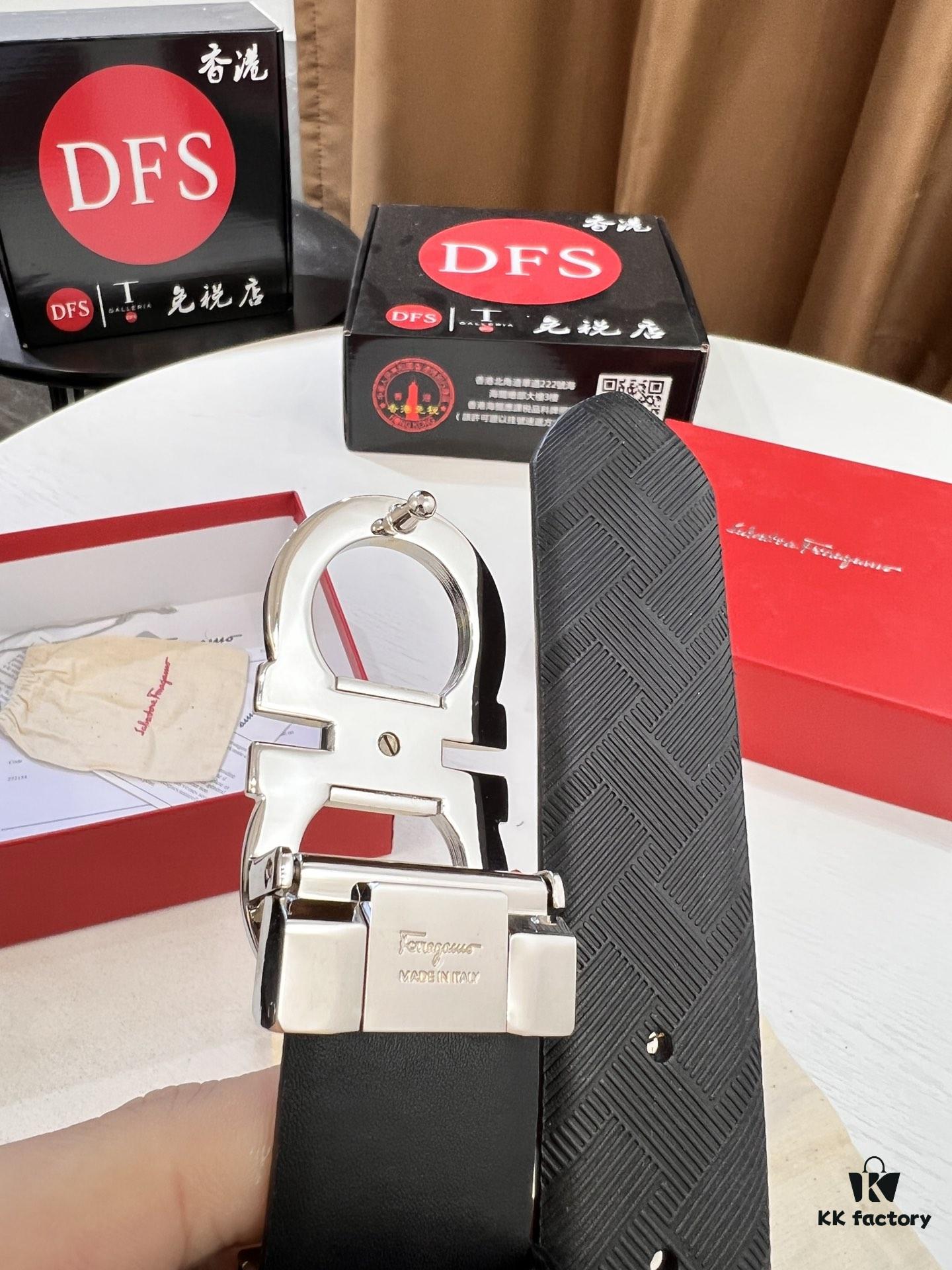 Ferragamo Men's Belt, Genuine Top-Layer Calfskin with Double-Sided Usage, 3.5cm Width, Stainless Steel '8' Buckle, Adjustable Length