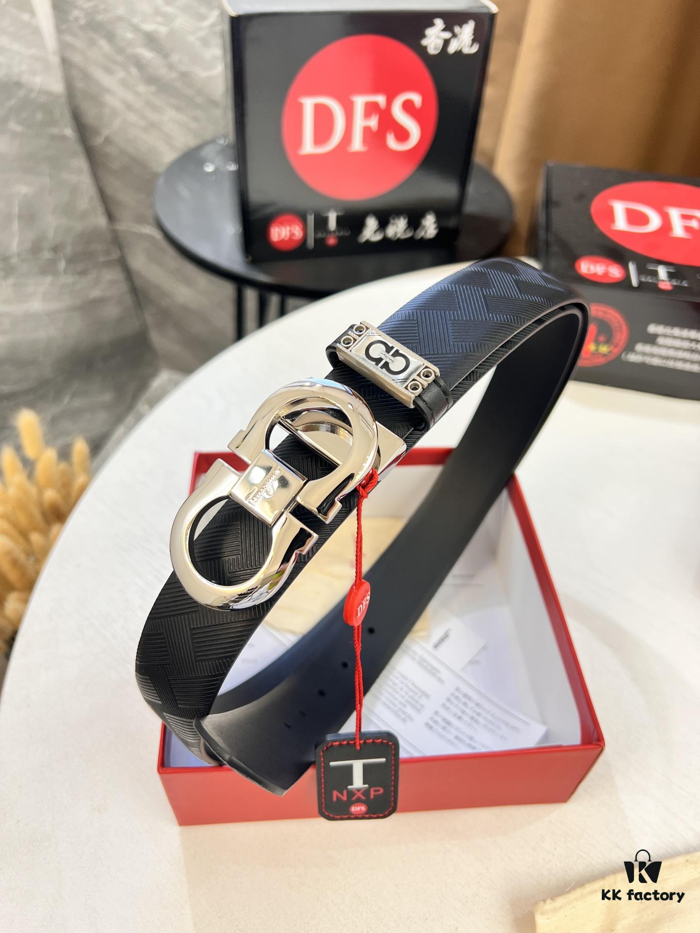 Ferragamo Men's Belt, Genuine Top-Layer Calfskin with Double-Sided Usage, 3.5cm Width, Stainless Steel '8' Buckle, Adjustable Length