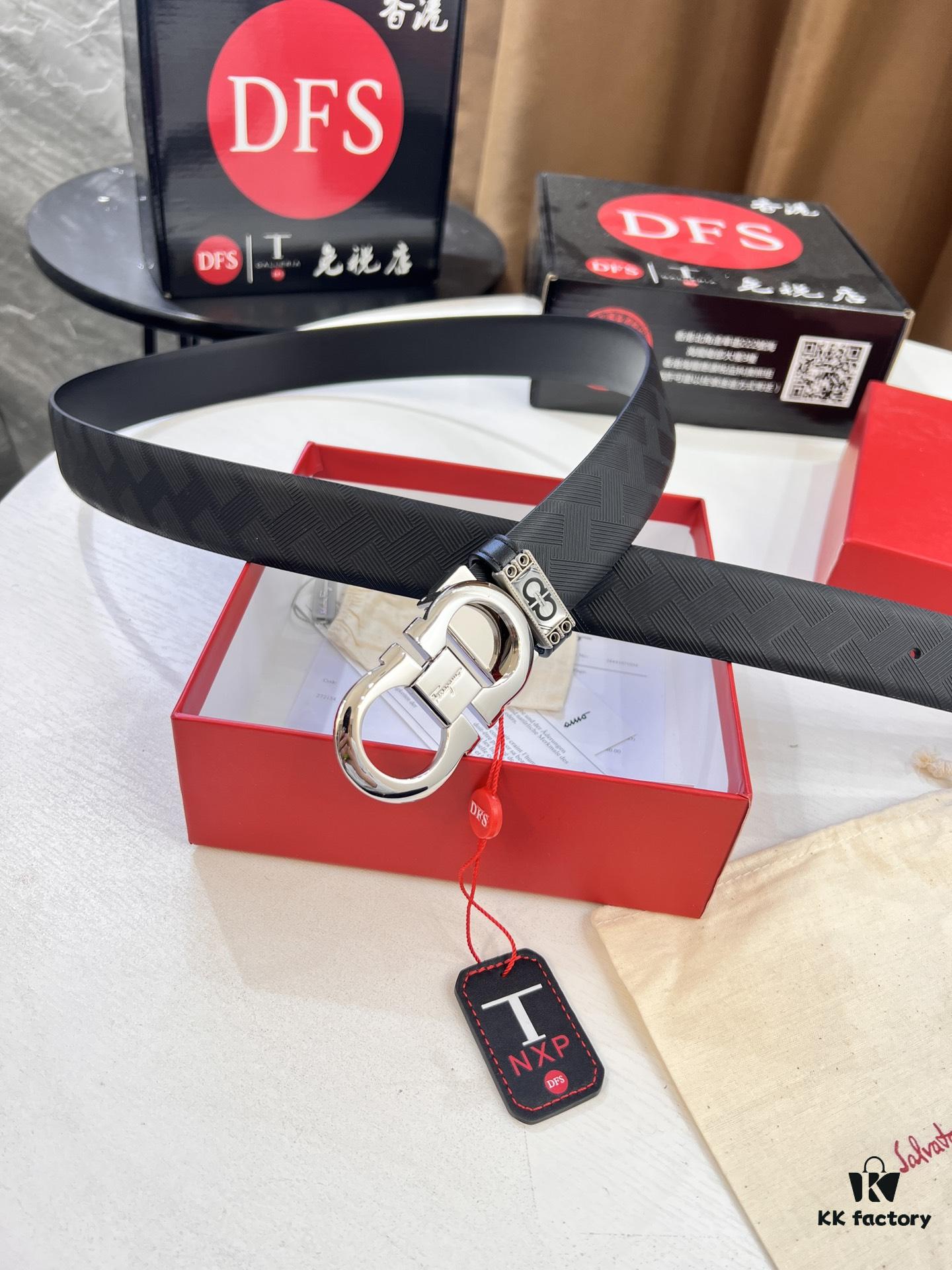 Ferragamo Men's Belt, Genuine Top-Layer Calfskin with Double-Sided Usage, 3.5cm Width, Stainless Steel '8' Buckle, Adjustable Length