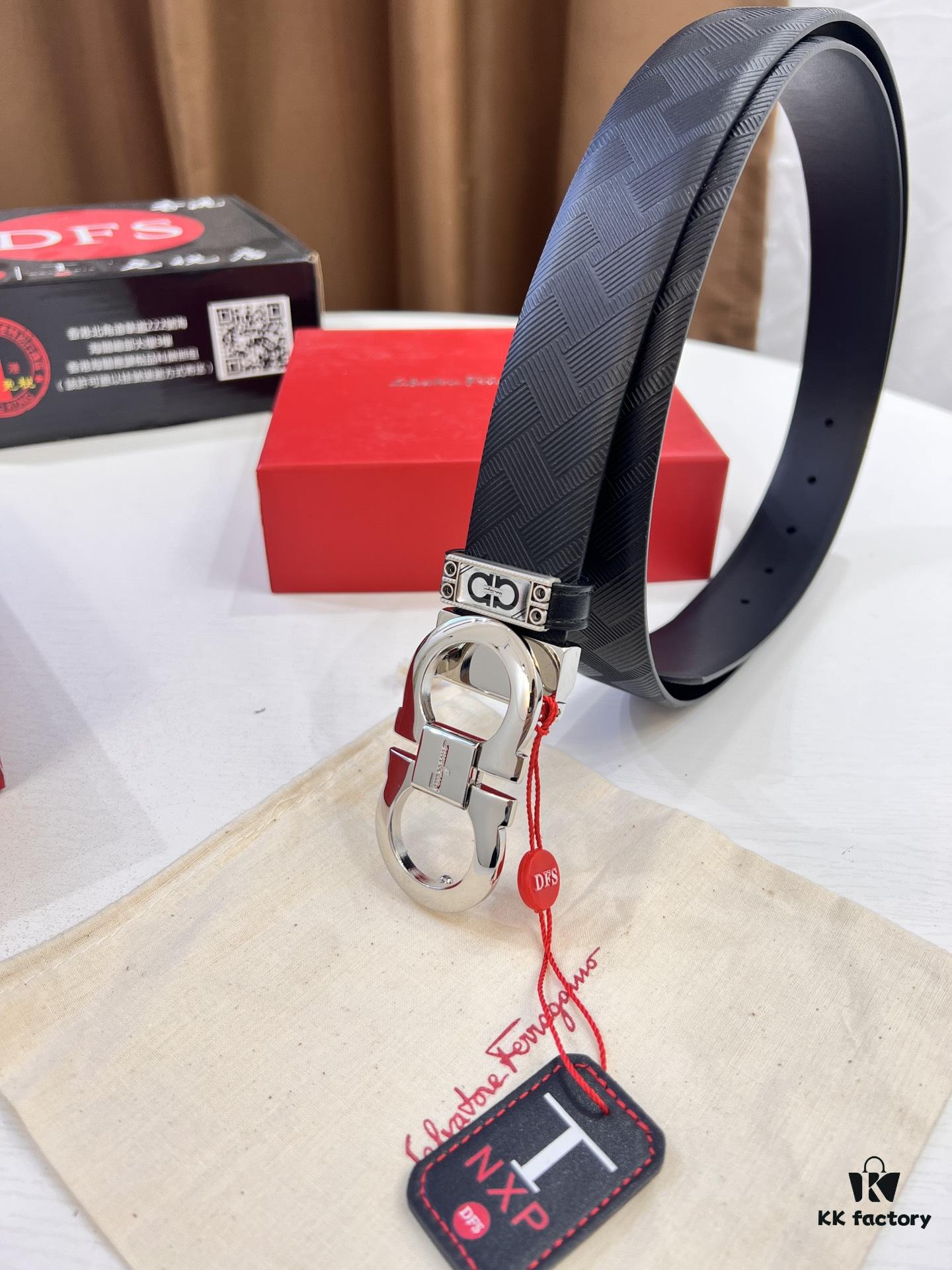 Ferragamo Men's Belt, Genuine Top-Layer Calfskin with Double-Sided Usage, 3.5cm Width, Stainless Steel '8' Buckle, Adjustable Length