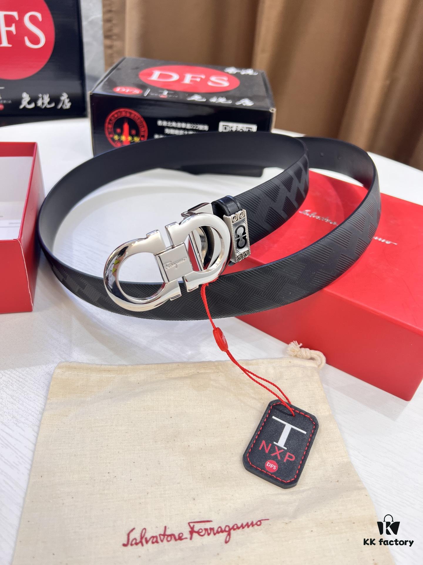 Ferragamo Men's Belt, Genuine Top-Layer Calfskin with Double-Sided Usage, 3.5cm Width, Stainless Steel '8' Buckle, Adjustable Length