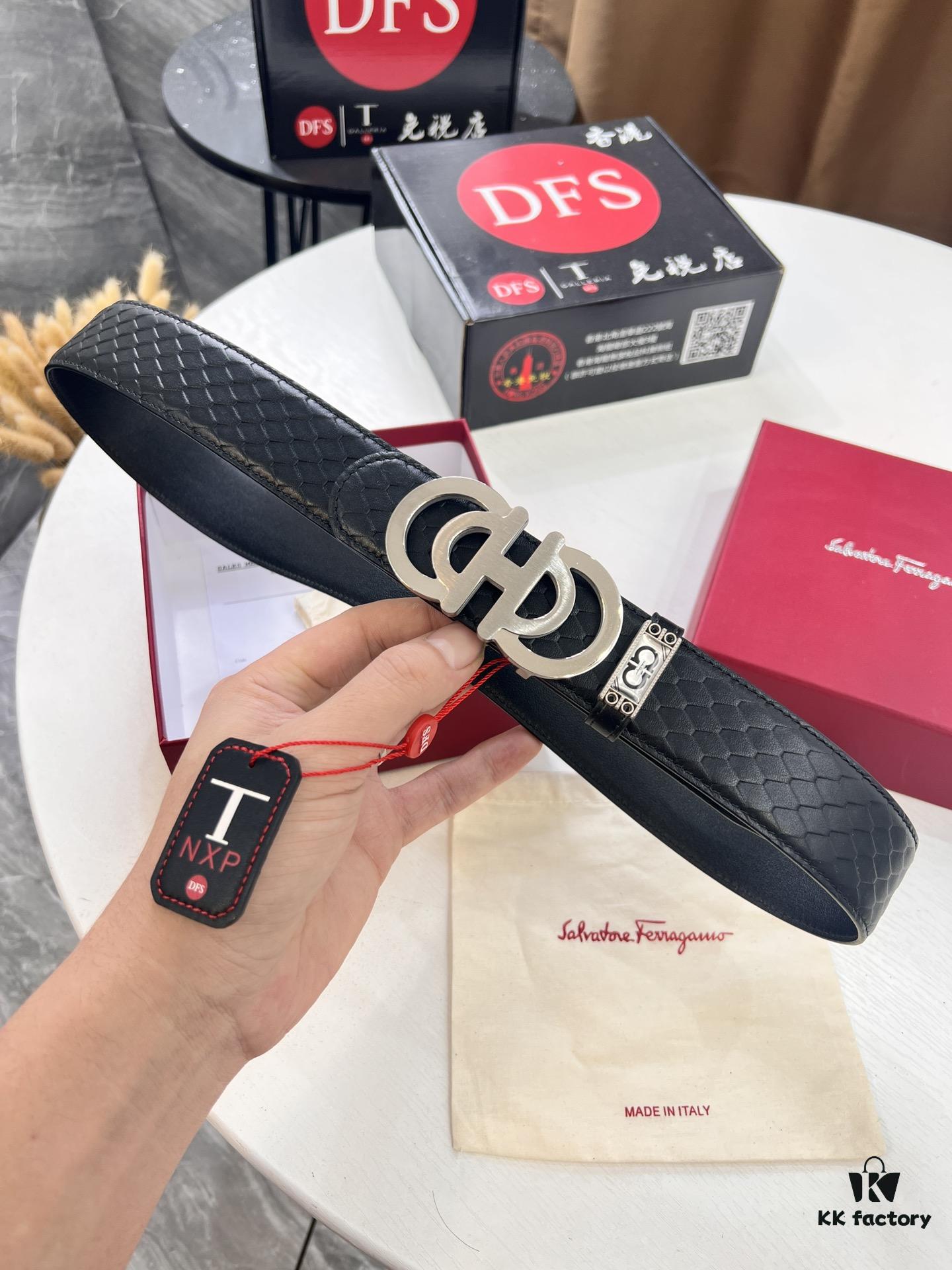 Top-tier Salvatore Ferragamo Men's Belt, Original 8-Shaped Hardware, Genuine Python-Grain Full-Grain Cowhide Leather, German-Made Craftsmanship, NFC Chip (NXP), Adjustable Length, Hong Kong Duty-Free Gift Box, Anti-Counterfeit QR Authentication