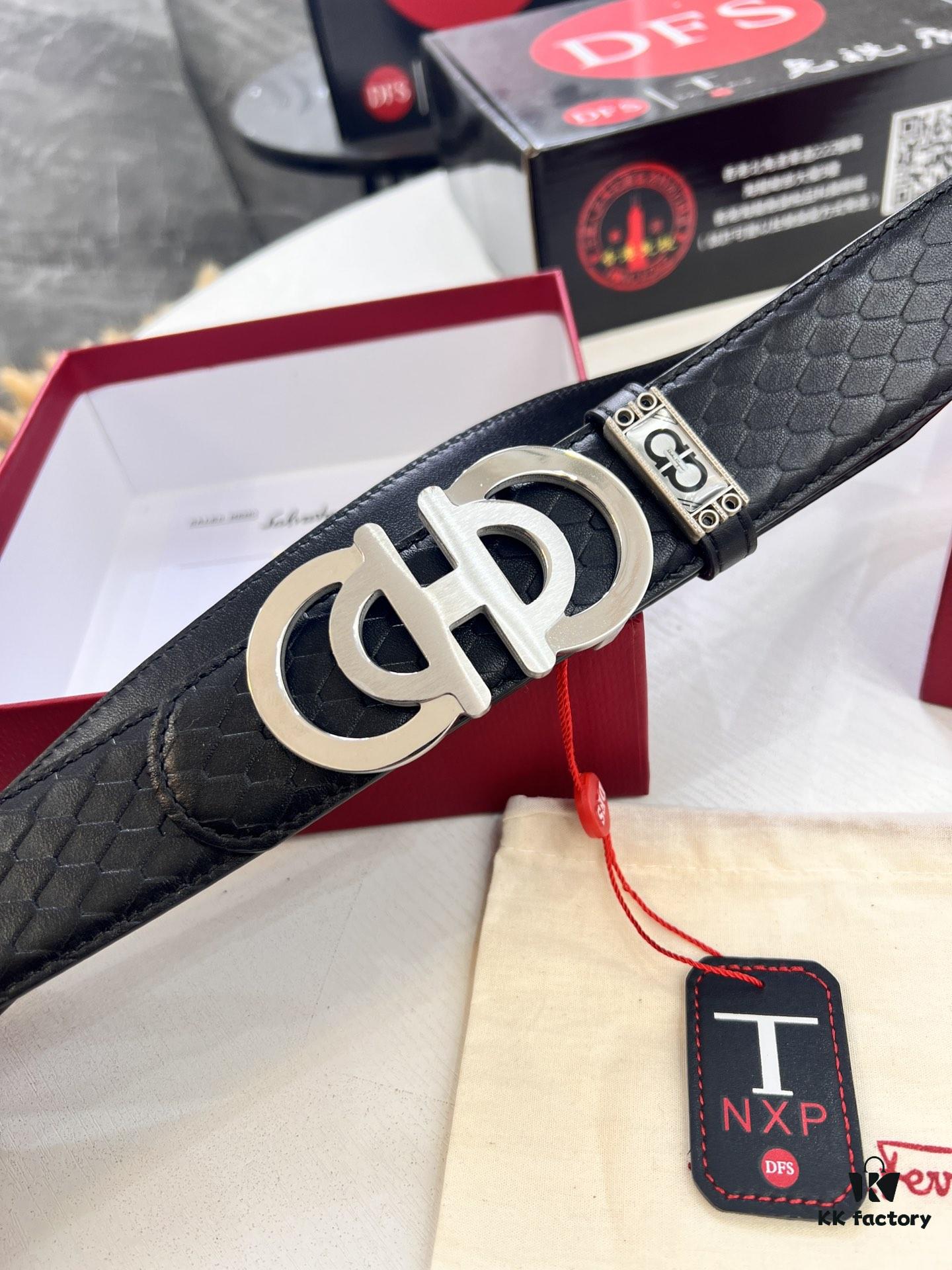 Top-tier Salvatore Ferragamo Men's Belt, Original 8-Shaped Hardware, Genuine Python-Grain Full-Grain Cowhide Leather, German-Made Craftsmanship, NFC Chip (NXP), Adjustable Length, Hong Kong Duty-Free Gift Box, Anti-Counterfeit QR Authentication