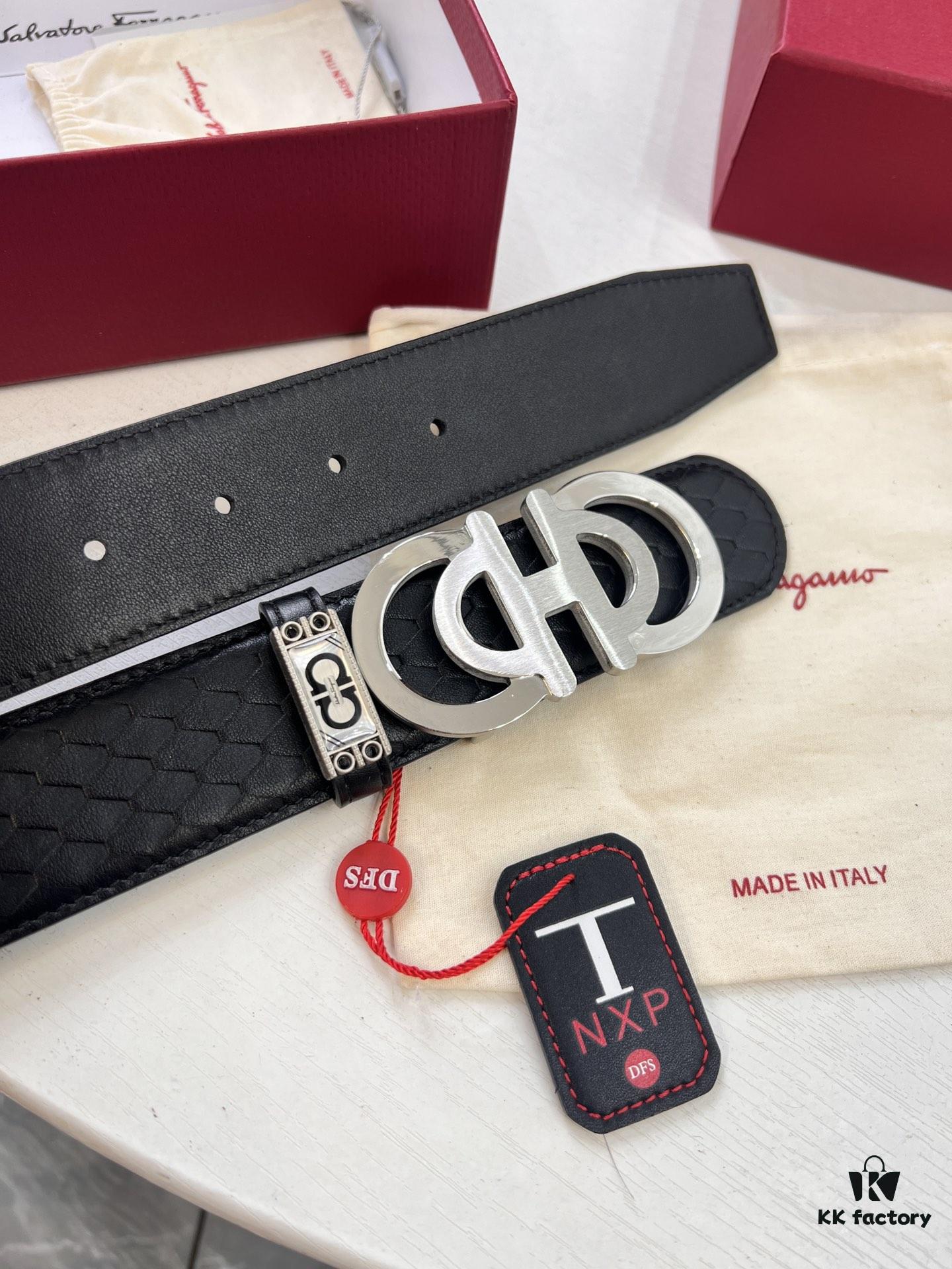 Top-tier Salvatore Ferragamo Men's Belt, Original 8-Shaped Hardware, Genuine Python-Grain Full-Grain Cowhide Leather, German-Made Craftsmanship, NFC Chip (NXP), Adjustable Length, Hong Kong Duty-Free Gift Box, Anti-Counterfeit QR Authentication