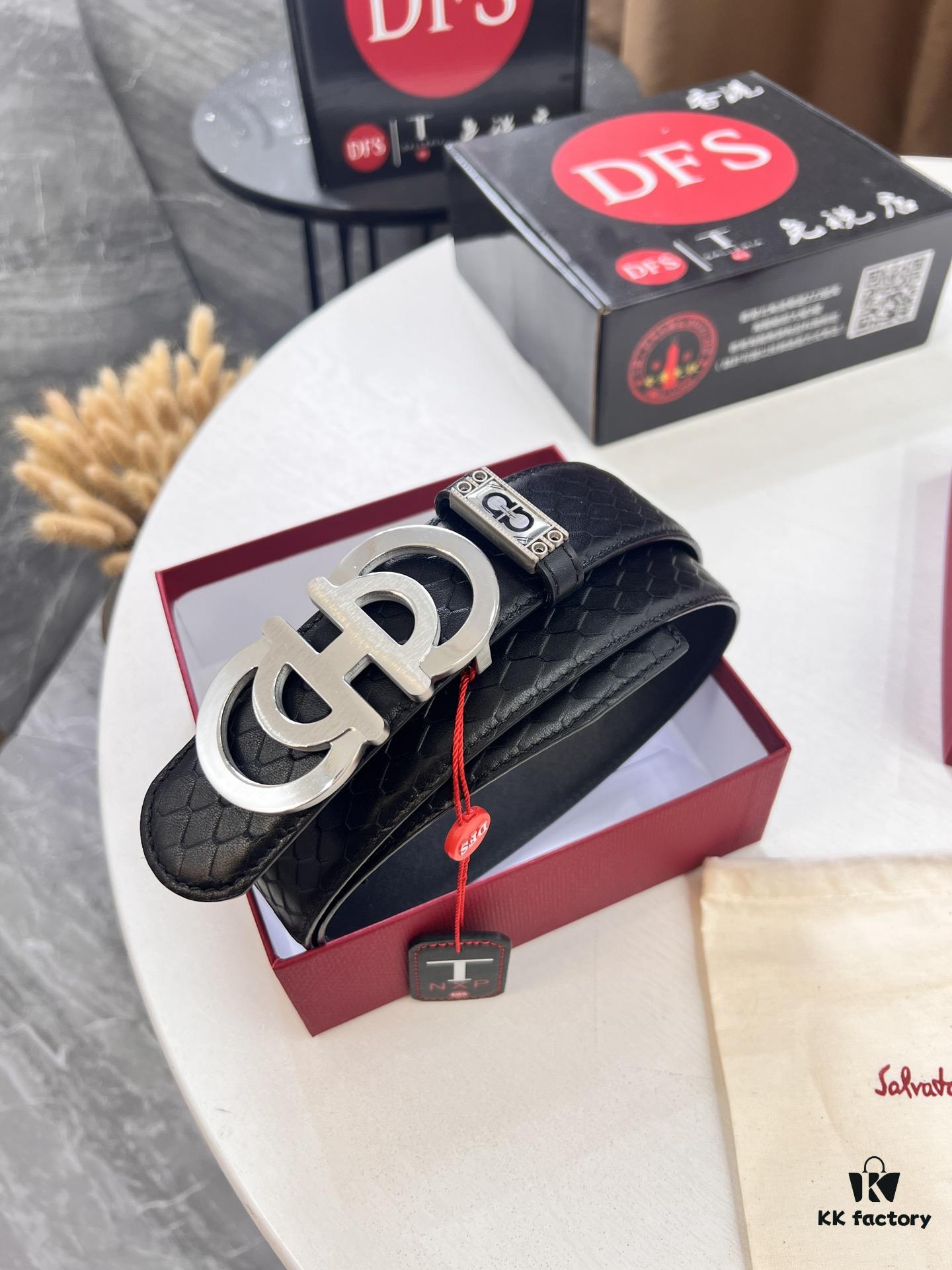 Top-tier Salvatore Ferragamo Men's Belt, Original 8-Shaped Hardware, Genuine Python-Grain Full-Grain Cowhide Leather, German-Made Craftsmanship, NFC Chip (NXP), Adjustable Length, Hong Kong Duty-Free Gift Box, Anti-Counterfeit QR Authentication