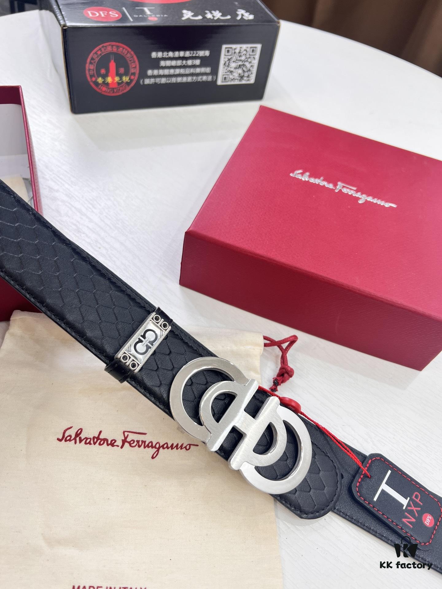 Top-tier Salvatore Ferragamo Men's Belt, Original 8-Shaped Hardware, Genuine Python-Grain Full-Grain Cowhide Leather, German-Made Craftsmanship, NFC Chip (NXP), Adjustable Length, Hong Kong Duty-Free Gift Box, Anti-Counterfeit QR Authentication