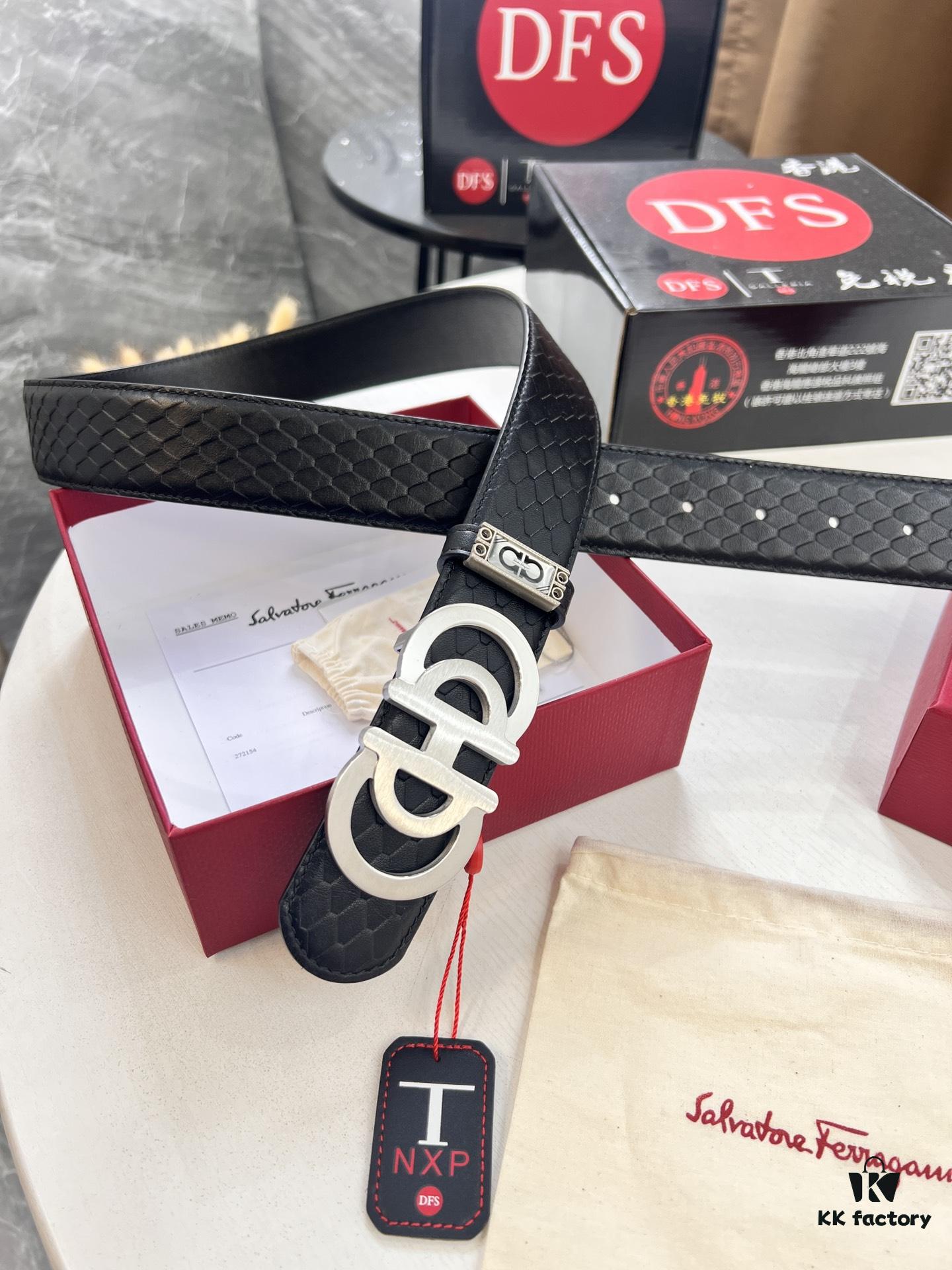 Top-tier Salvatore Ferragamo Men's Belt, Original 8-Shaped Hardware, Genuine Python-Grain Full-Grain Cowhide Leather, German-Made Craftsmanship, NFC Chip (NXP), Adjustable Length, Hong Kong Duty-Free Gift Box, Anti-Counterfeit QR Authentication